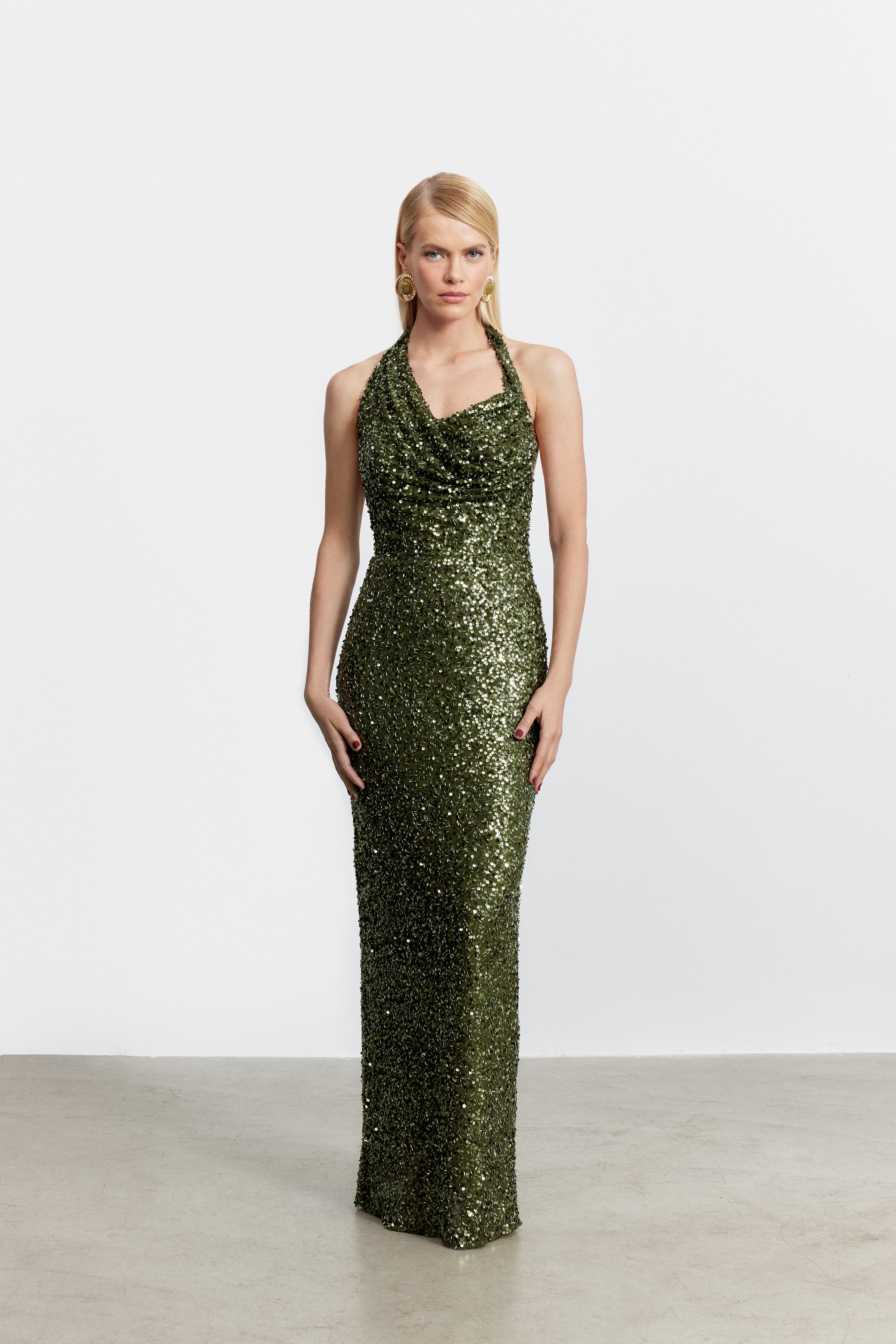 JANET ASİMETRİK ASKILI PAYET ELBİSE | HAKİ