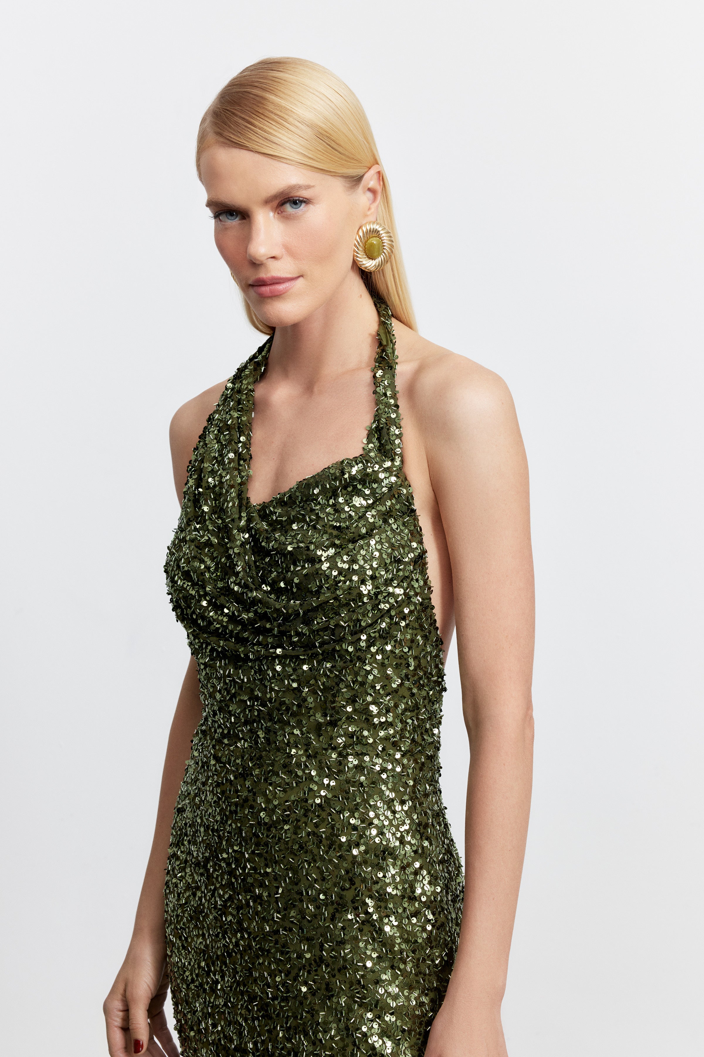 JANET ASİMETRİK ASKILI PAYET ELBİSE | HAKİ