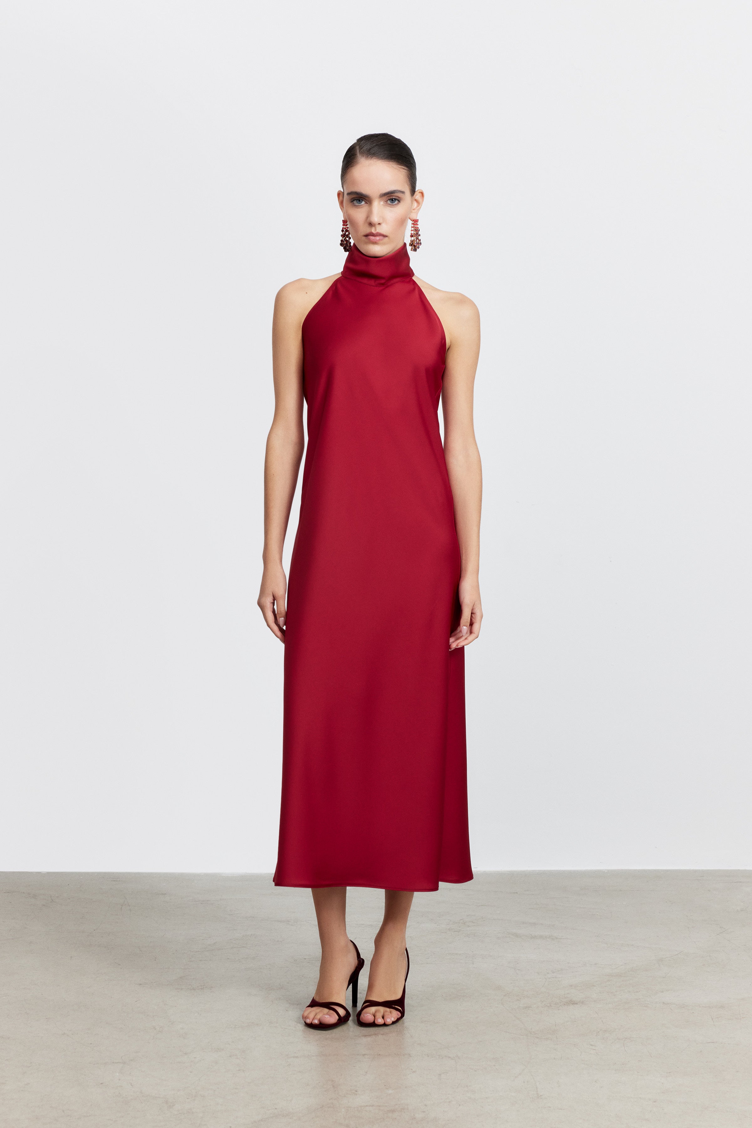 AUDREY STANDING COLLAR SATIN DRESS | PASTEL PINK