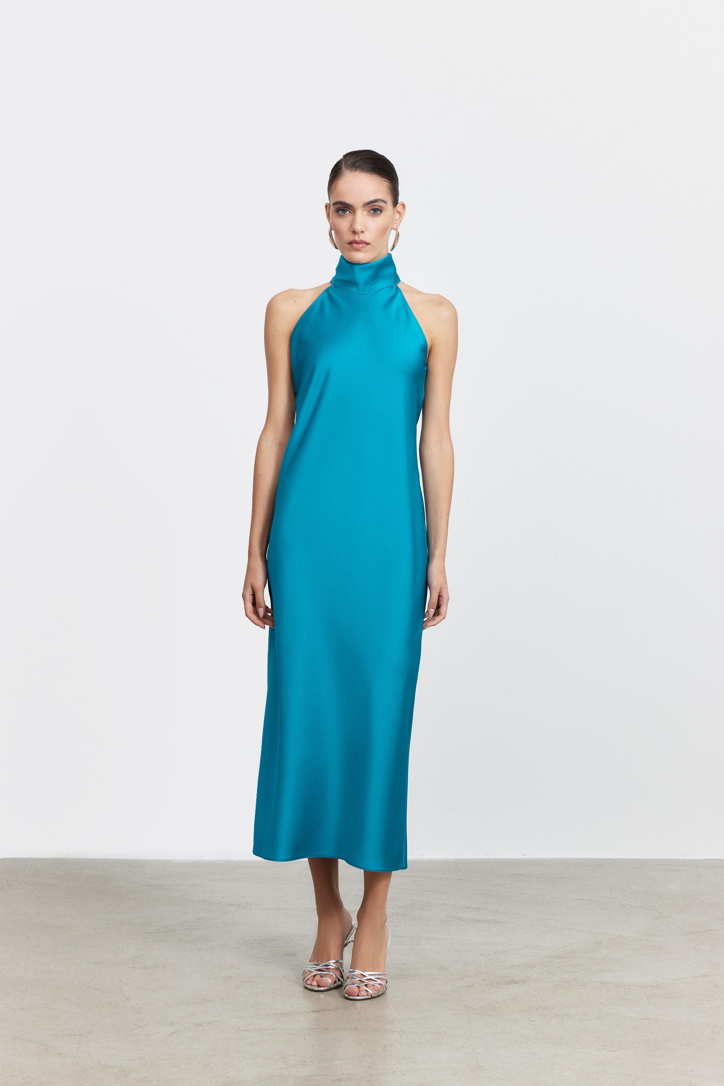 AUDREY STANDING COLLAR SATIN DRESS | PASTEL PINK