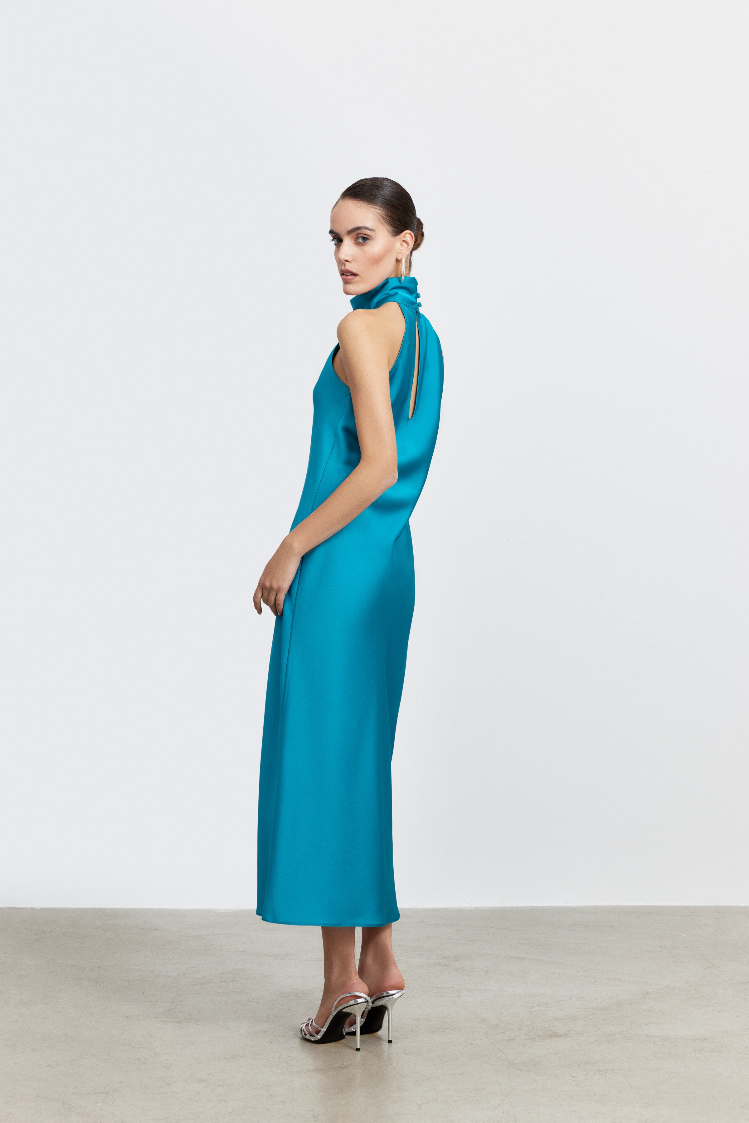 AUDREY STANDING COLLAR SATIN DRESS | PASTEL PINK