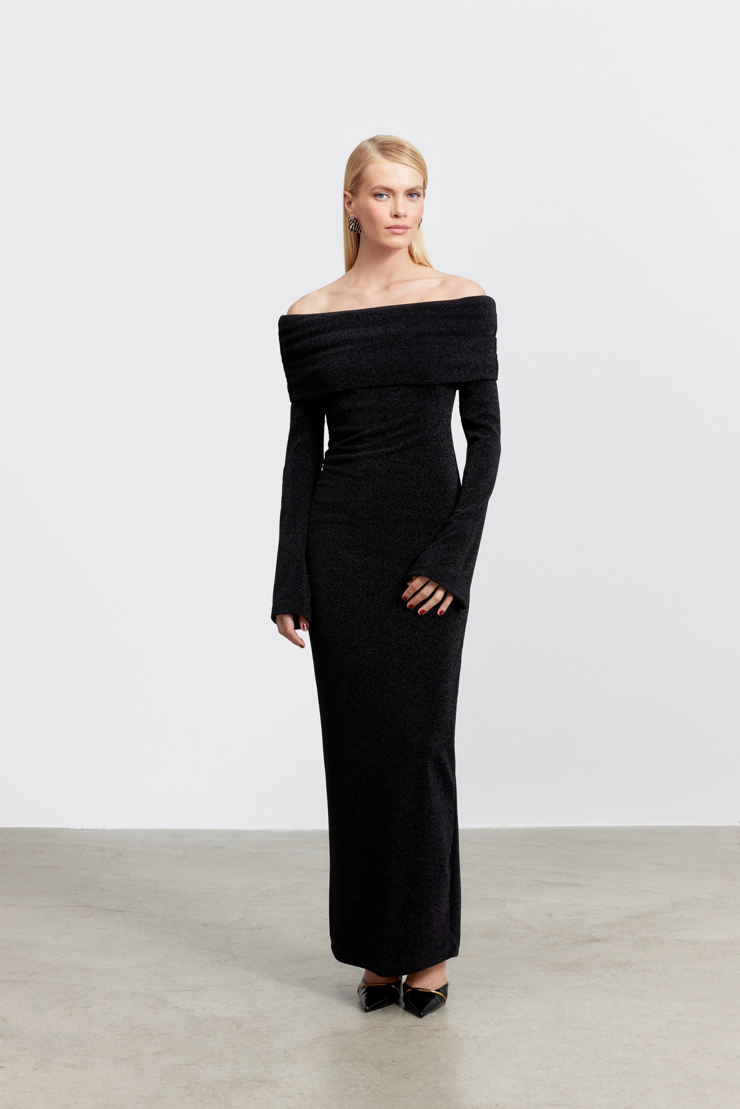 BELLA DRAPE YAKA LUREX ELBİSE | SİYAH