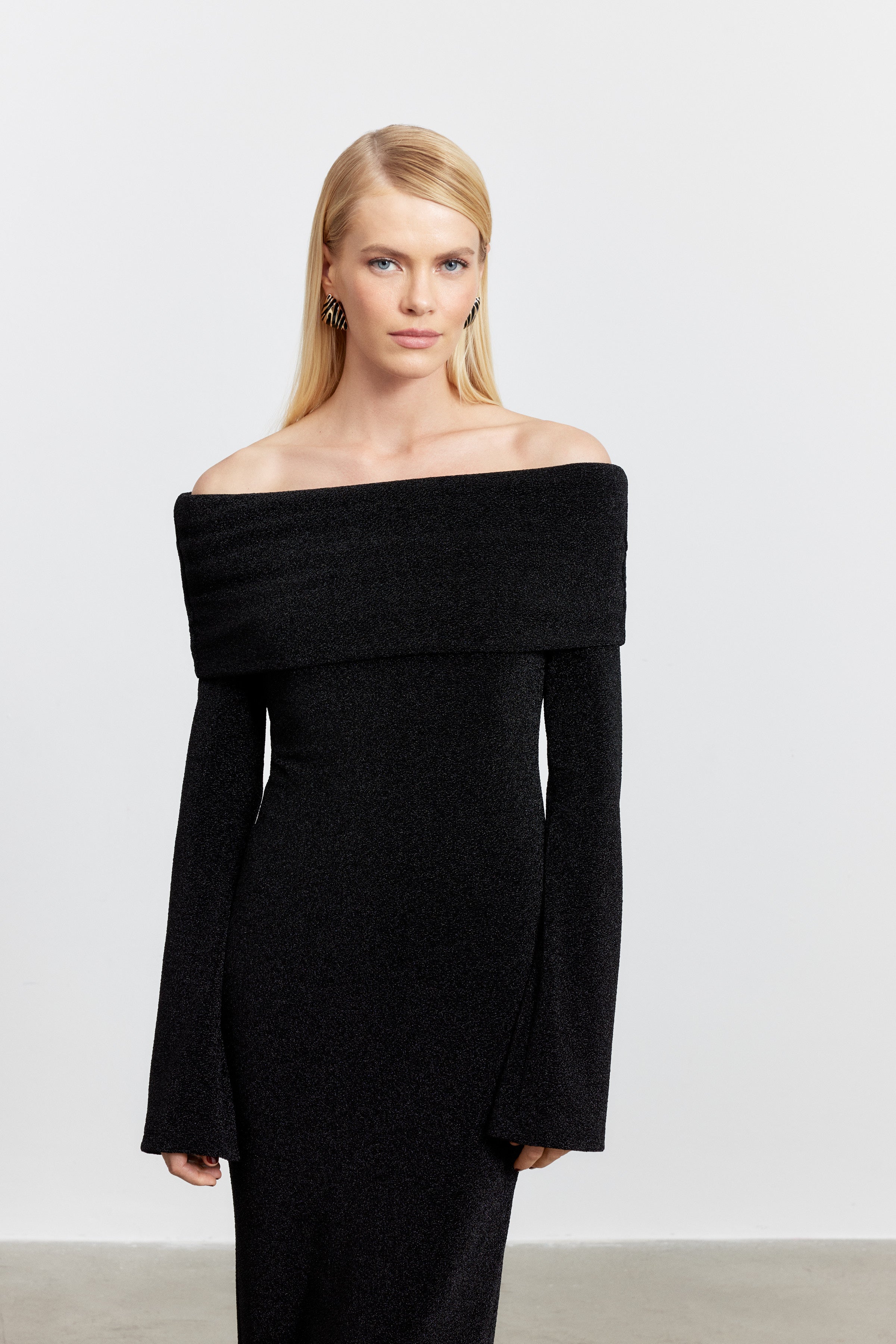 BELLA DRAPE YAKA LUREX ELBİSE | SİYAH