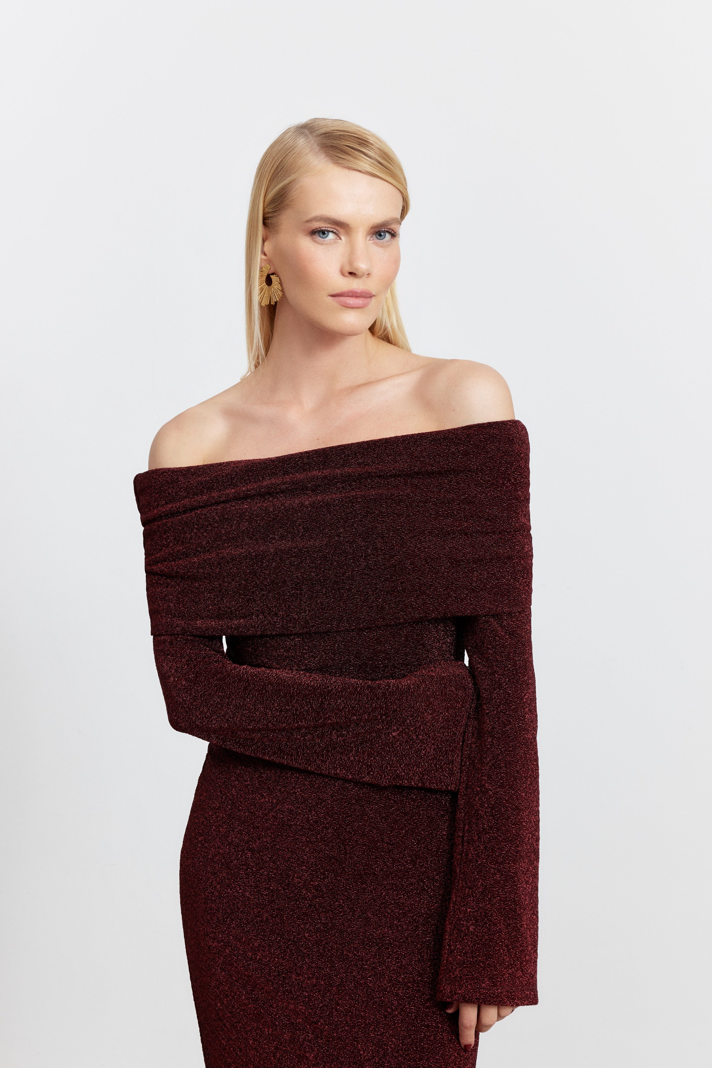 BELLA DRAPE YAKA LUREX ELBİSE | VİŞNE