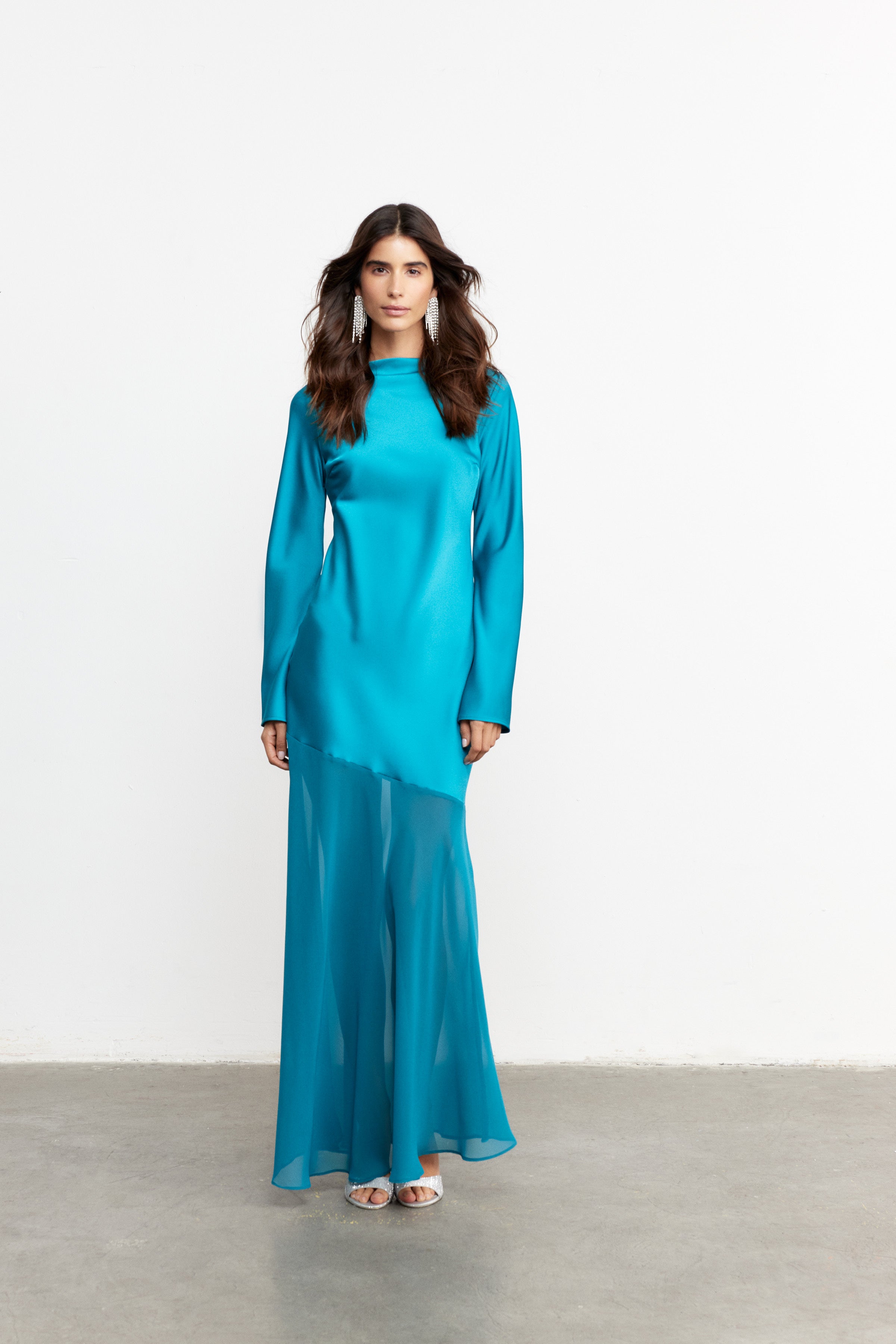 AQUA SATEN & ŞİFON KARIŞIMLI ELBİSE | PETROL MAVİ