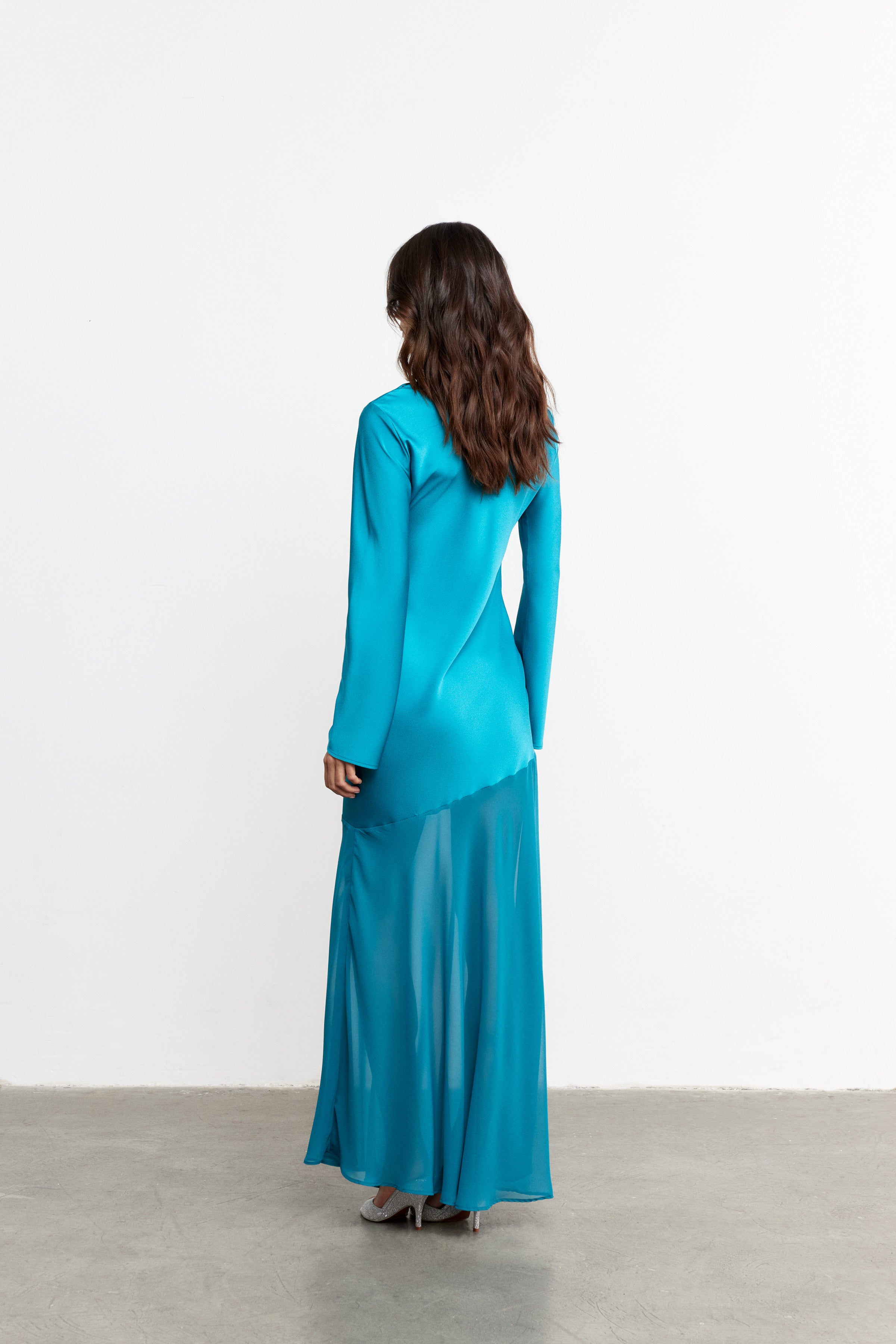 AQUA SATEN & ŞİFON KARIŞIMLI ELBİSE | PETROL MAVİ