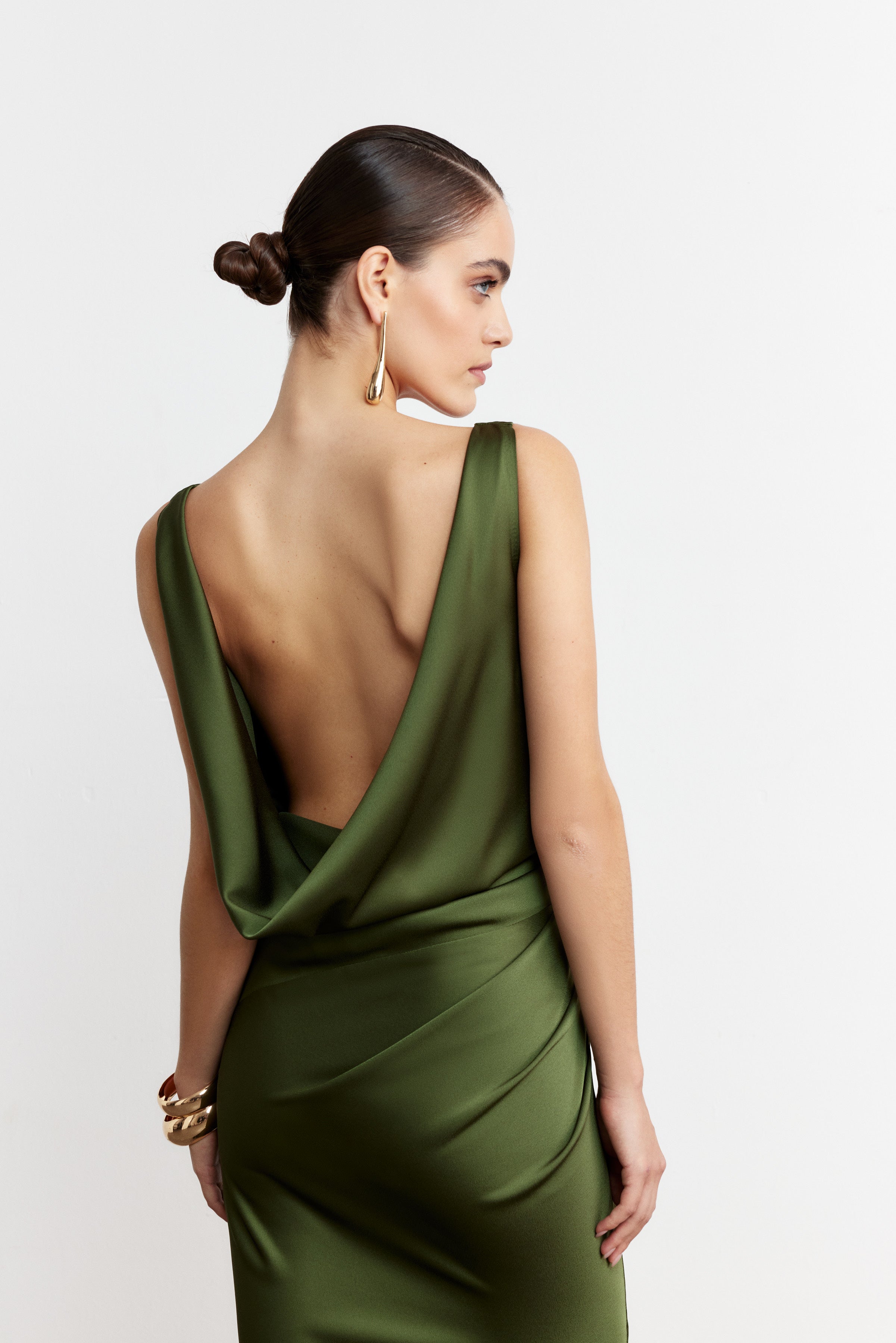 VIVIENNE DRAPELİ SATEN ELBİSE | HAKİ