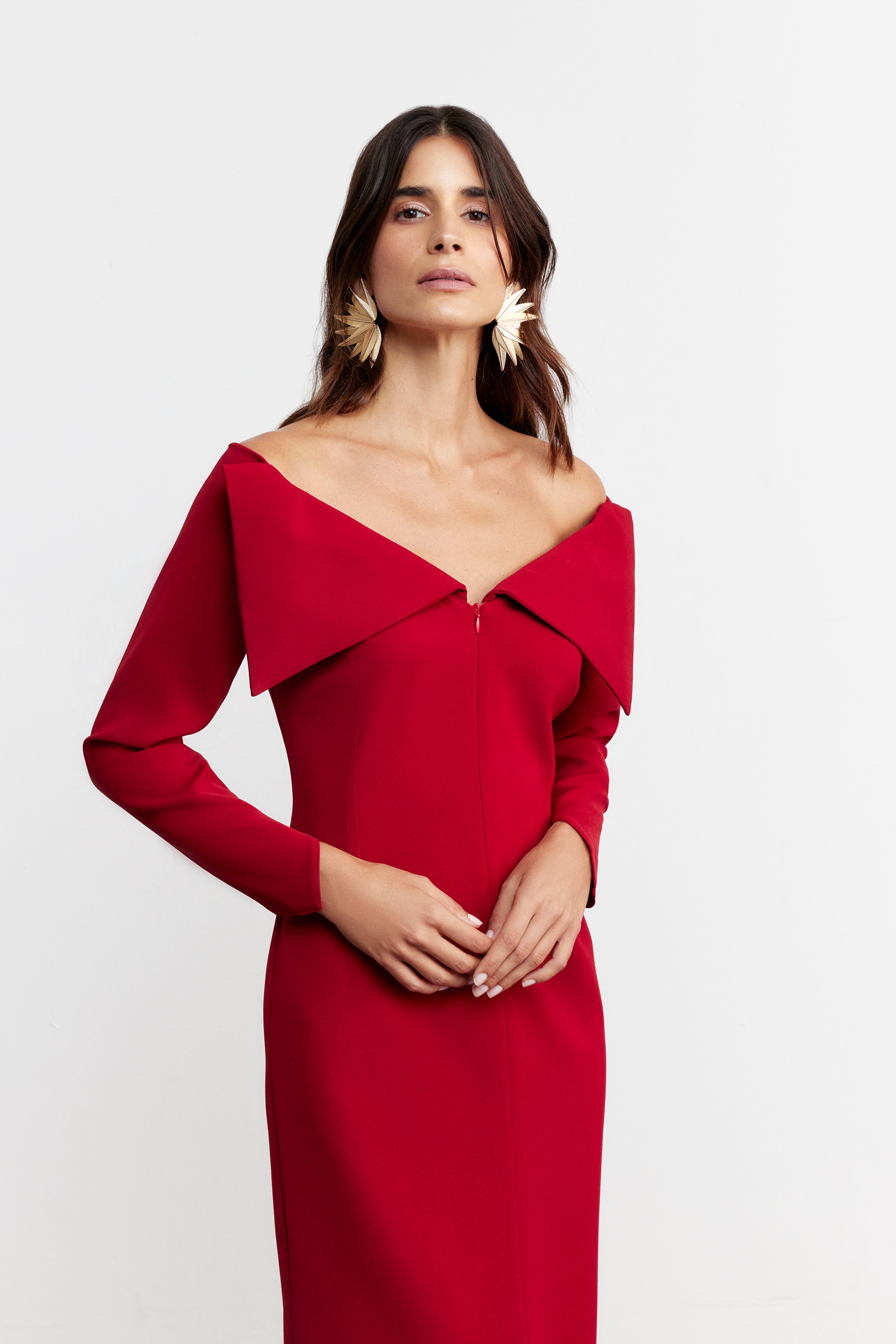 SIMONE KAYIK YAKA TASARIM ELBİSE | KOYU KIRMIZI