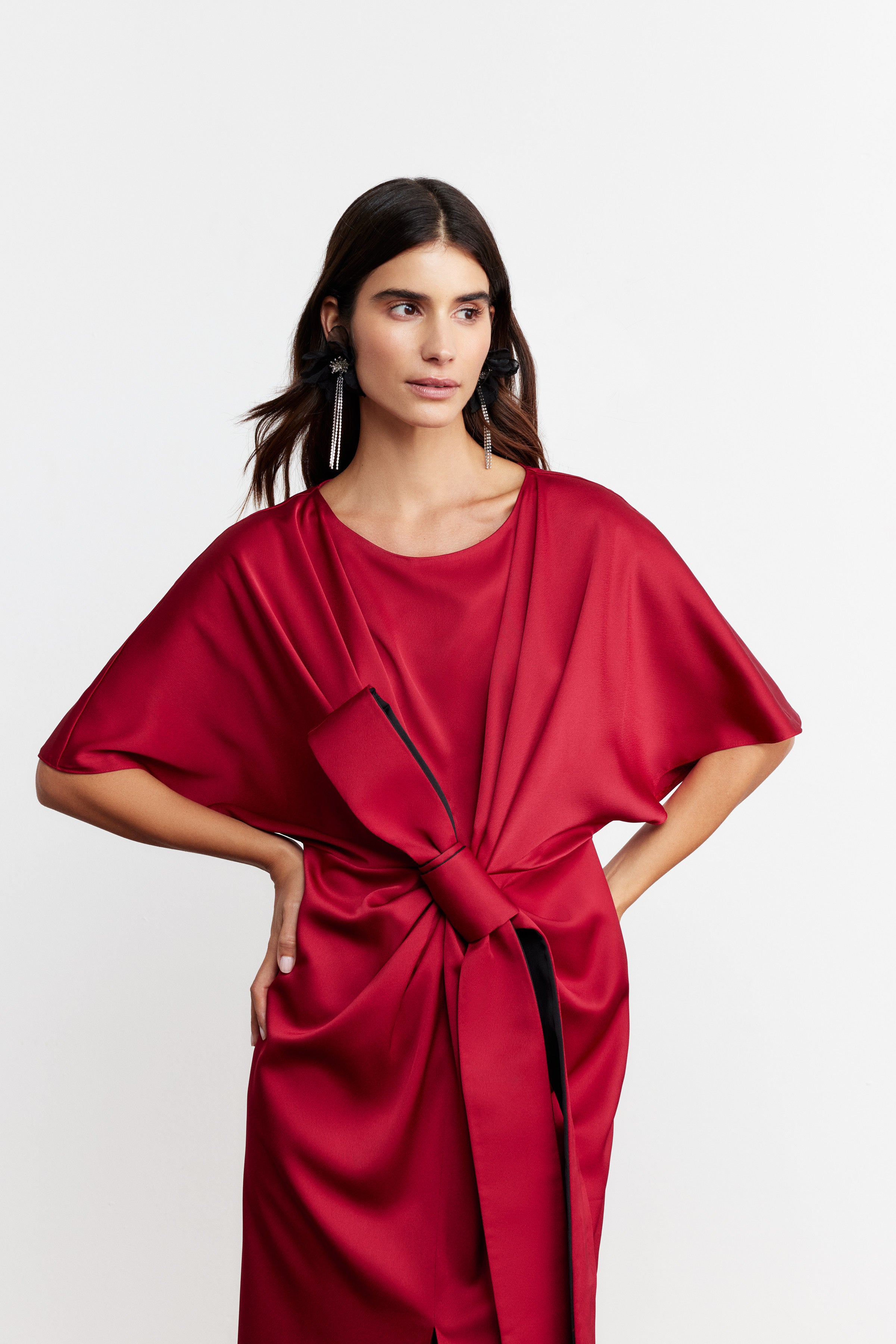 BOWIE FİYONK DETAYLI SATEN ELBİSE | KOYU KIRMIZI