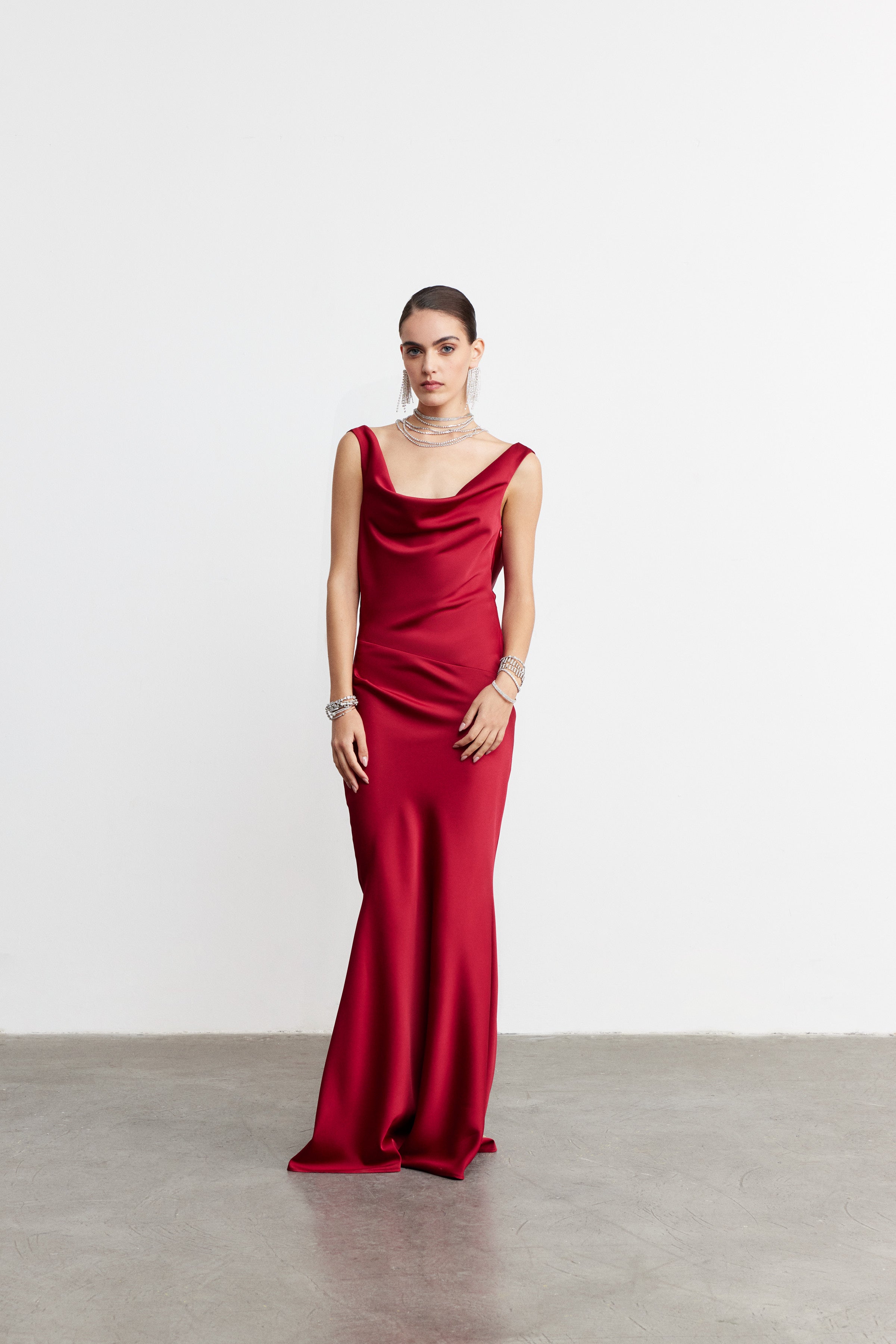 VIVIENNE DRAPELİ SATEN ELBİSE | KOYU KIRMIZI