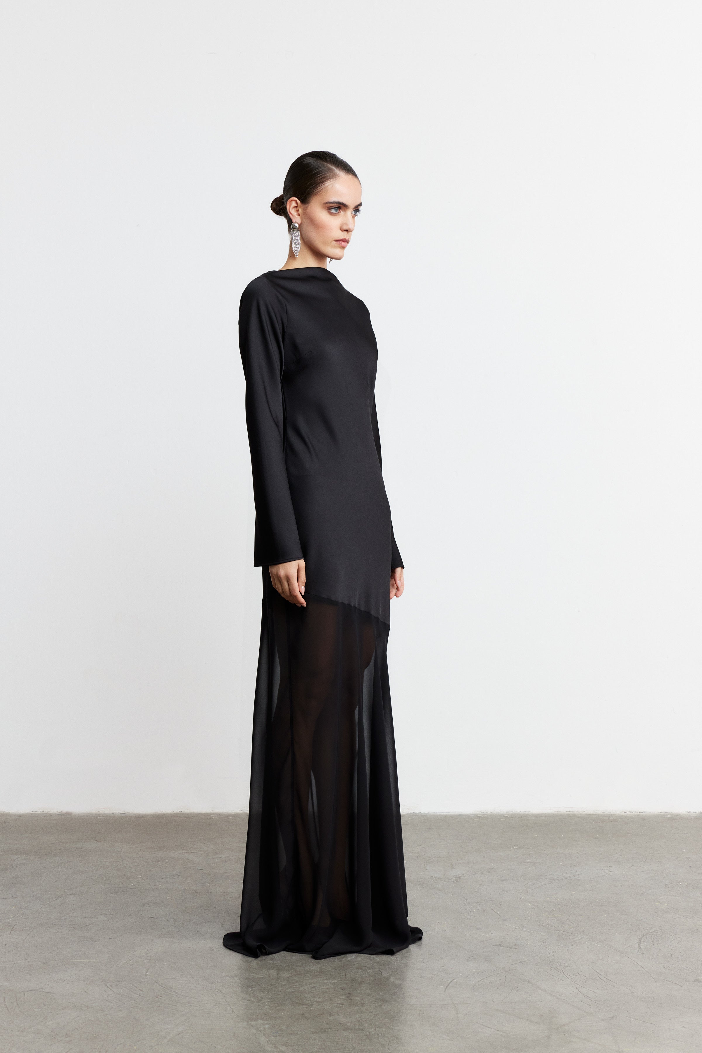 AQUA SATEN & ŞİFON KARIŞIMLI ELBİSE | SİYAH