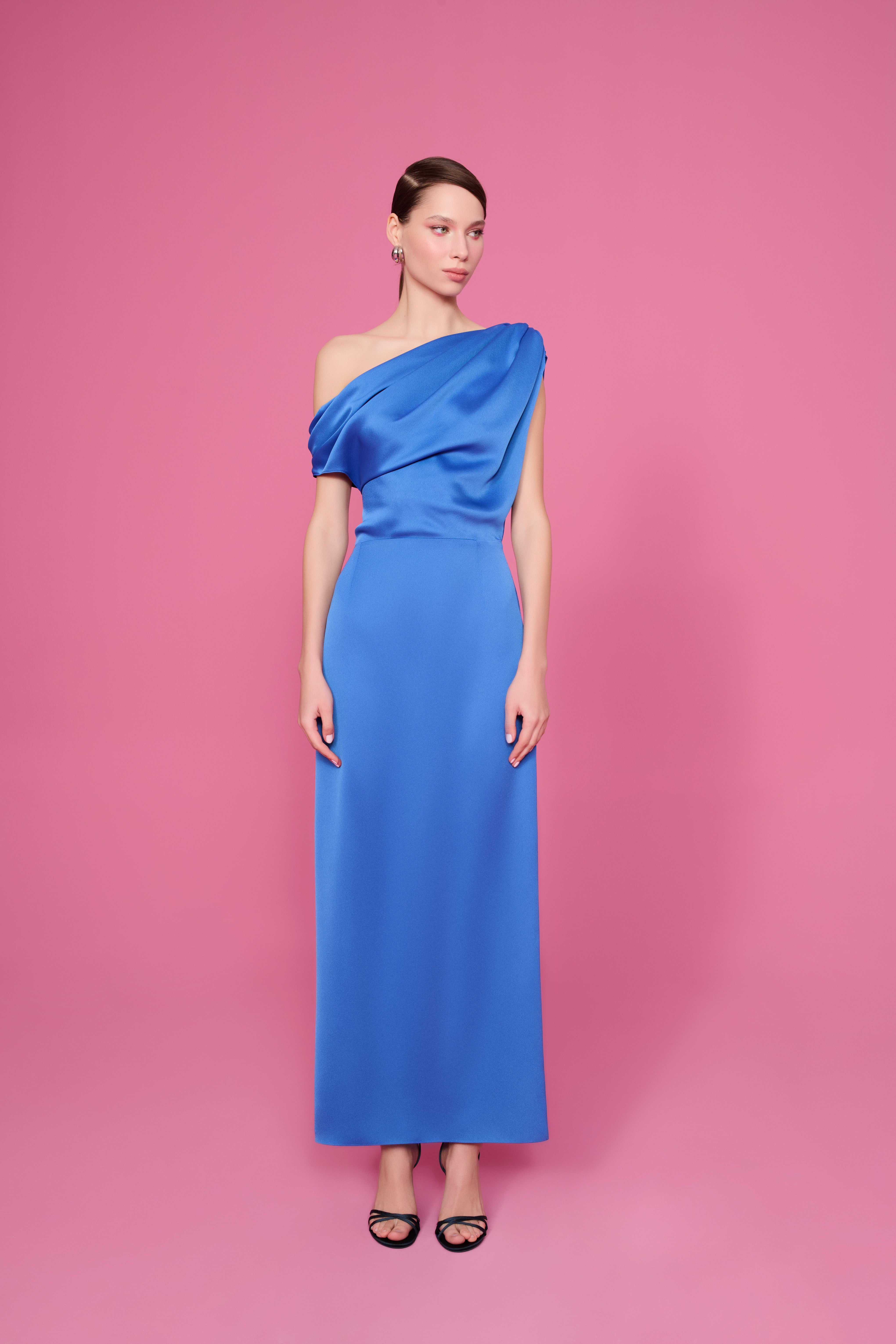 ALEXANDRA DRAPELİ MİDİ SATEN ELBİSE | SAKS MAVİ