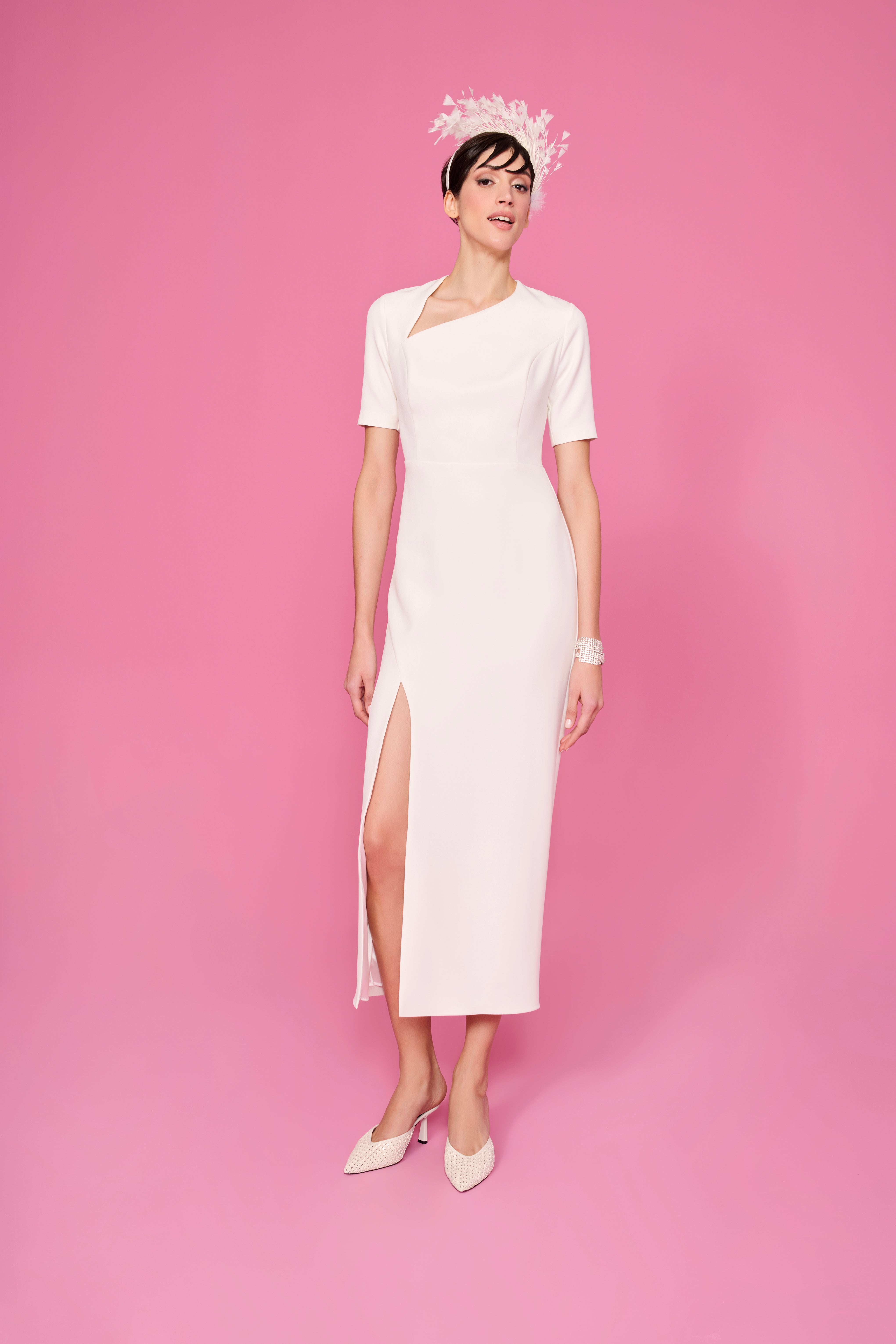 happy to wear Elbiseler AMANDA ASİMETRİK YAKA MİDİ ELBİSE | KIRIK BEYAZ