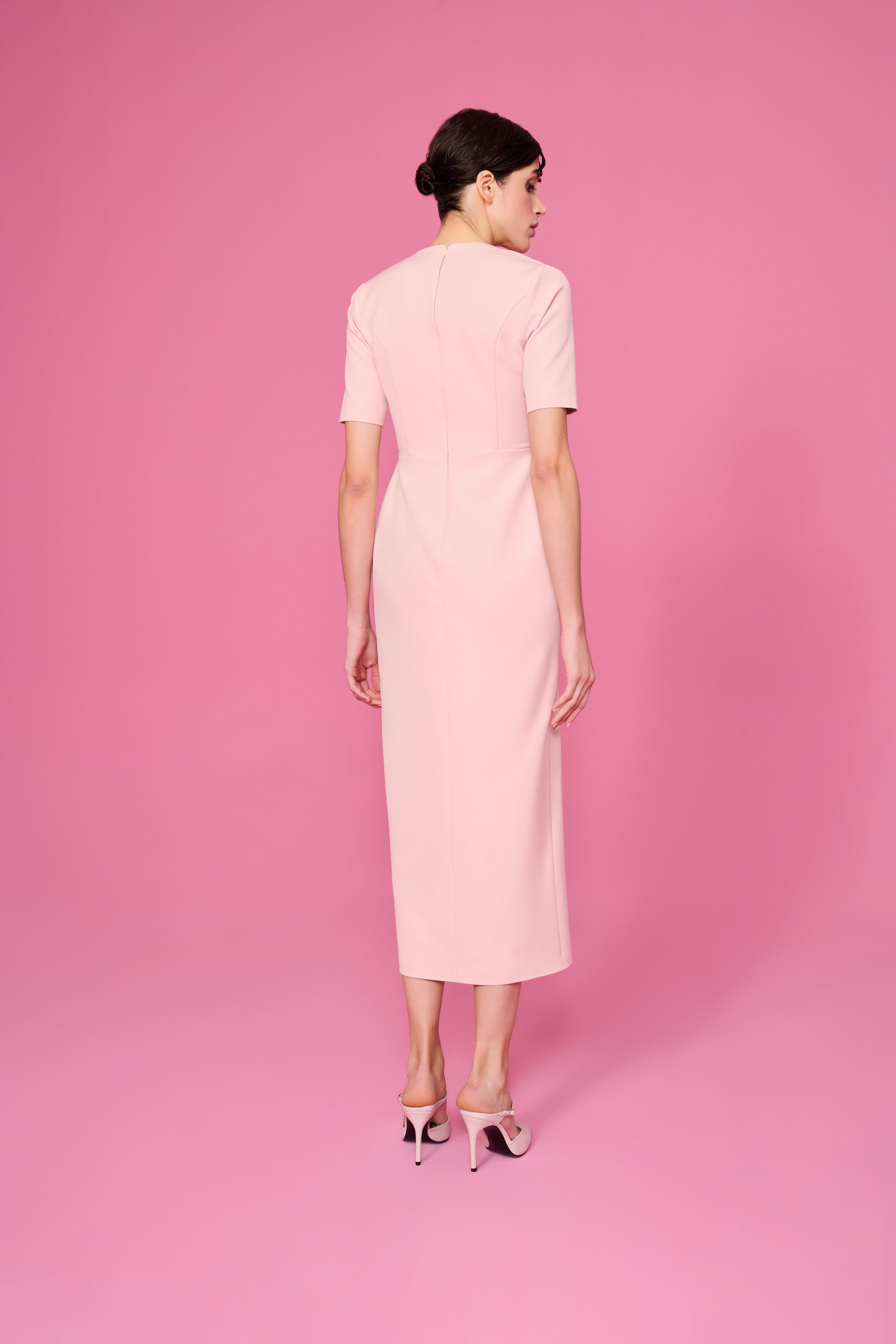 happy to wear Elbiseler AMANDA ASİMETRİK YAKA MİDİ ELBİSE | PUDRA PEMBE