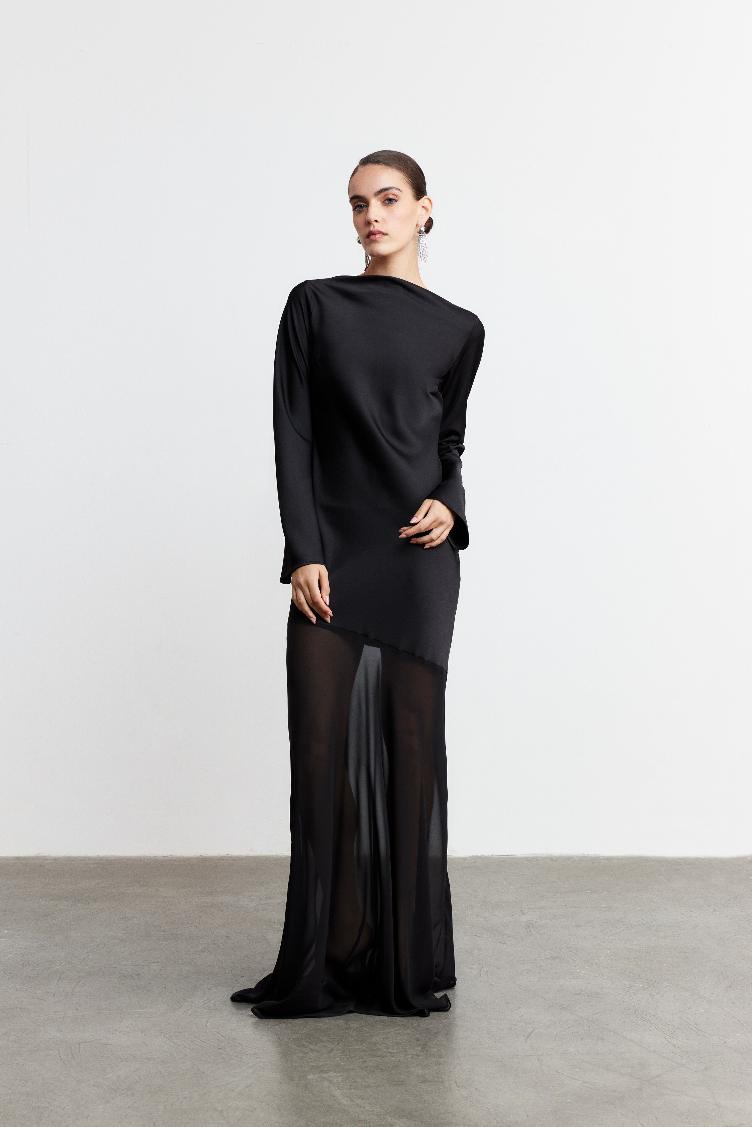 AQUA SATEN & ŞİFON KARIŞIMLI ELBİSE | SİYAH