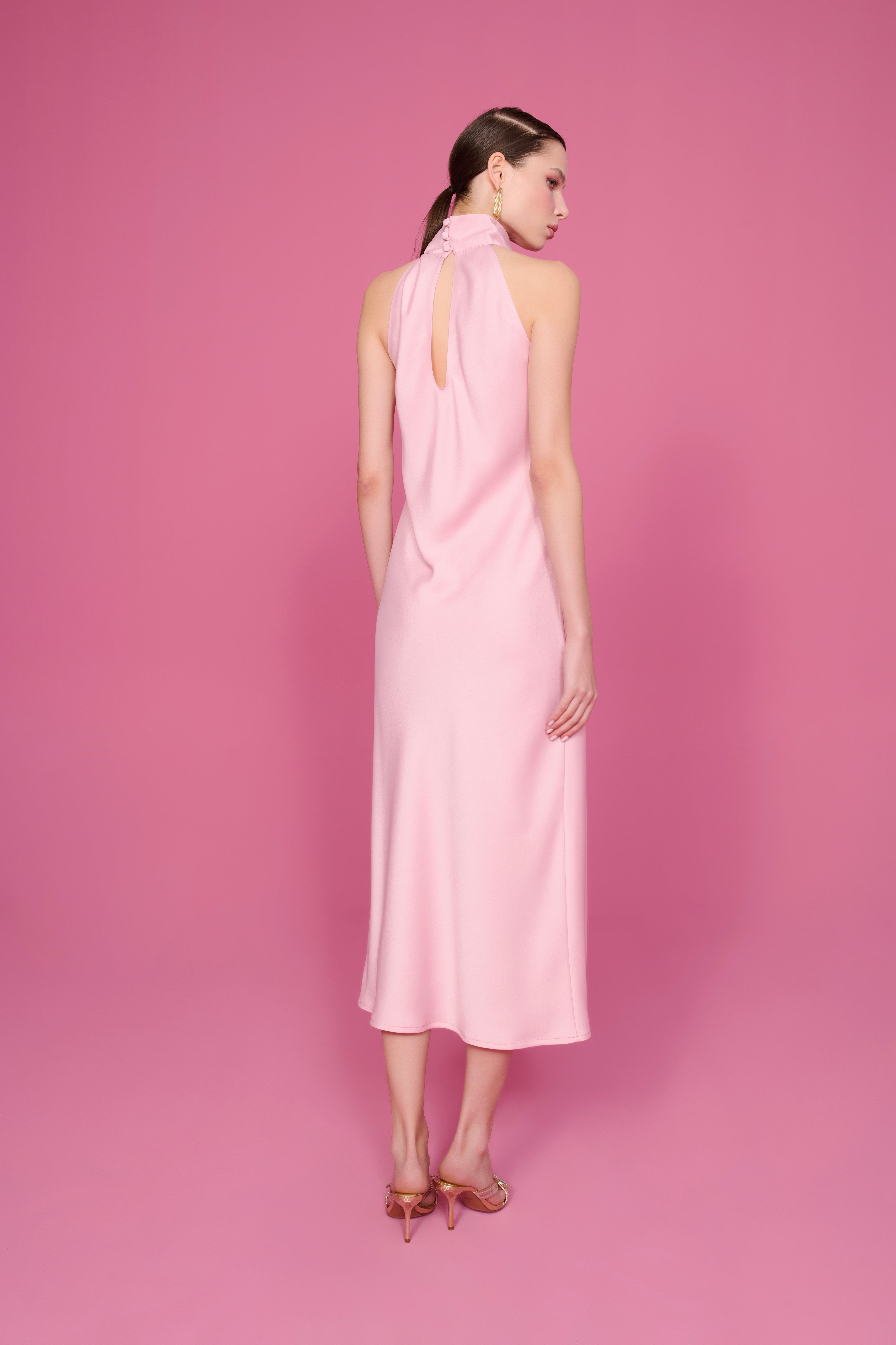 AUDREY DİK YAKA SATEN ELBİSE | PASTEL PEMBE