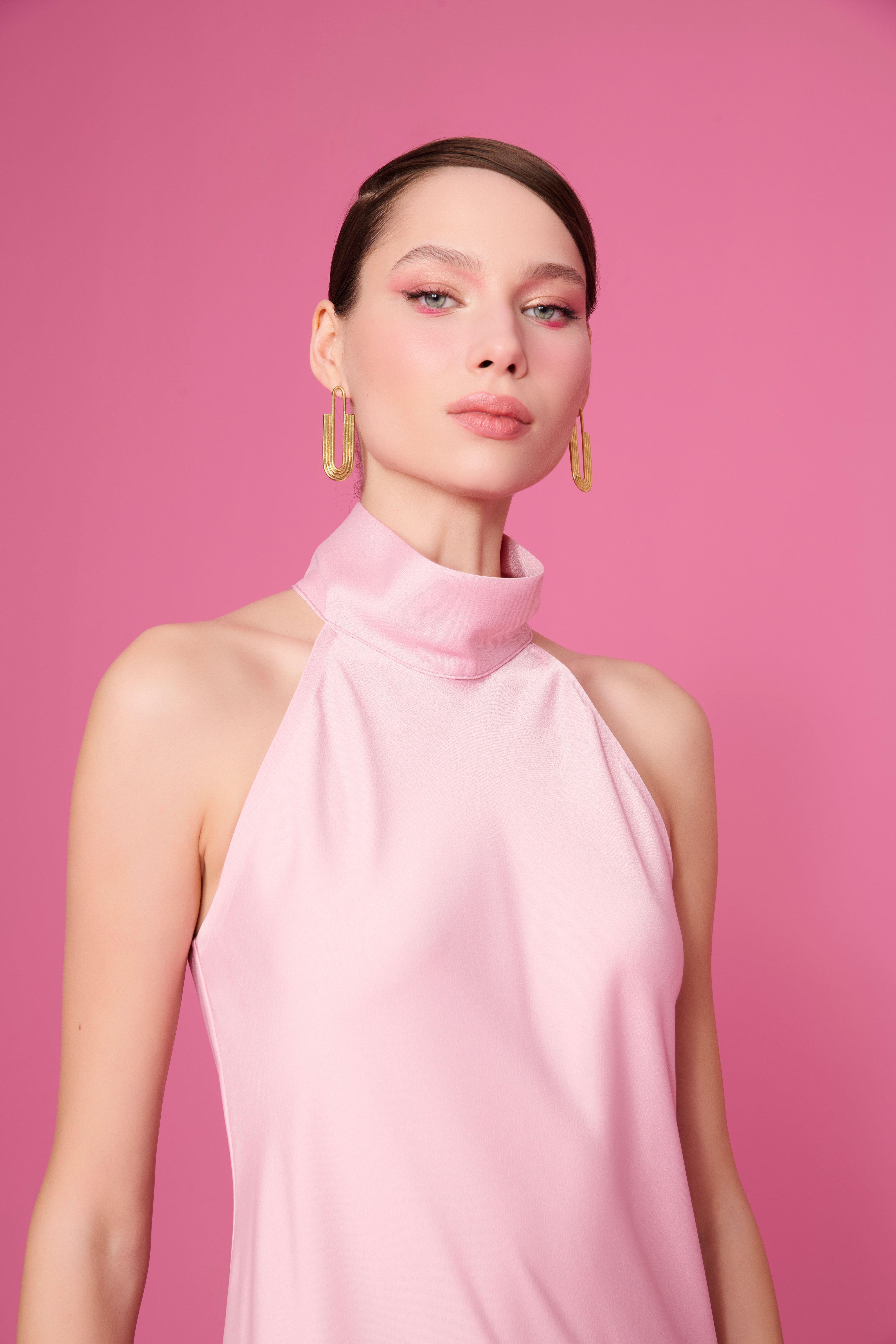 AUDREY DİK YAKA SATEN ELBİSE | PASTEL PEMBE