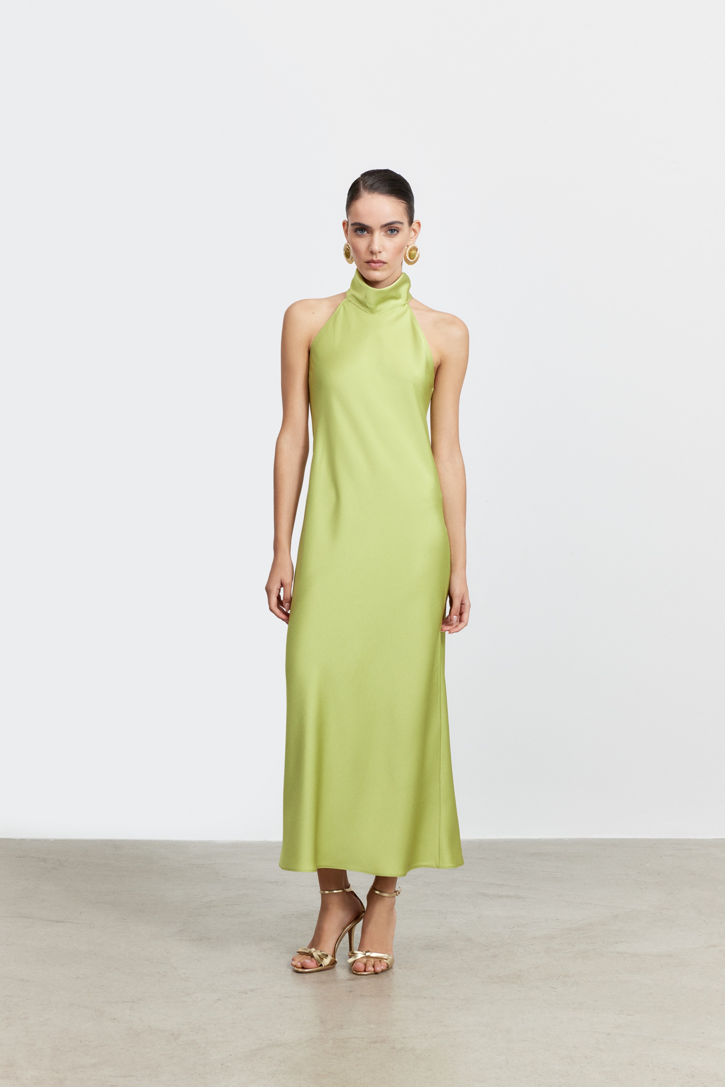 AUDREY DİK YAKA SATEN ELBİSE | YEŞİL