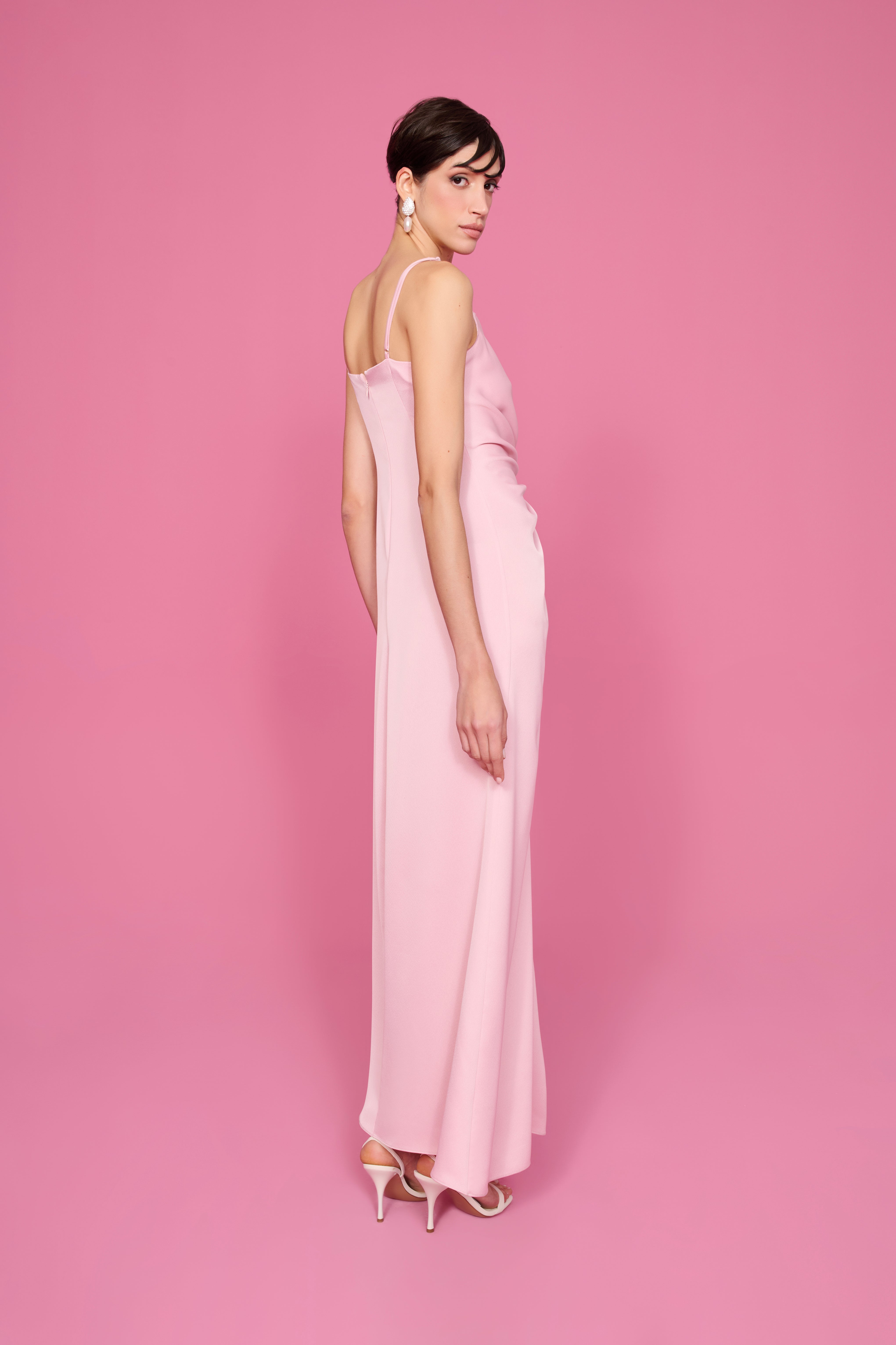 BELINDA PİLELİ SLIP SATEN ELBİSE | PASTEL PEMBE