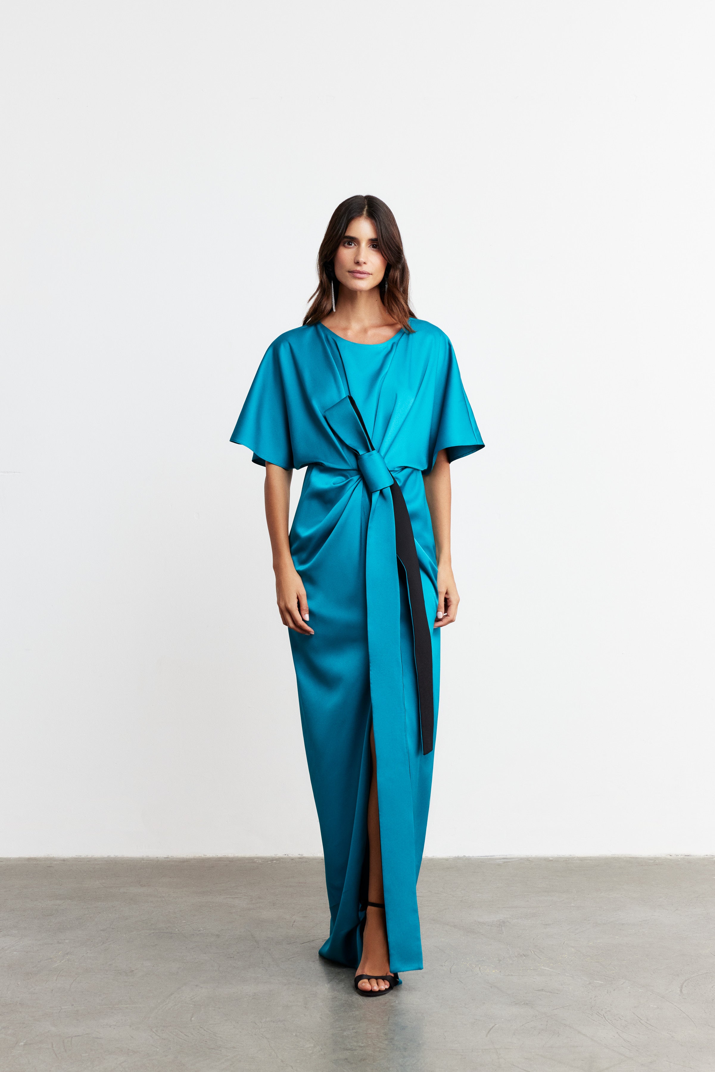 BOWIE FİYONK DETAYLI SATEN ELBİSE | PETROL MAVİ