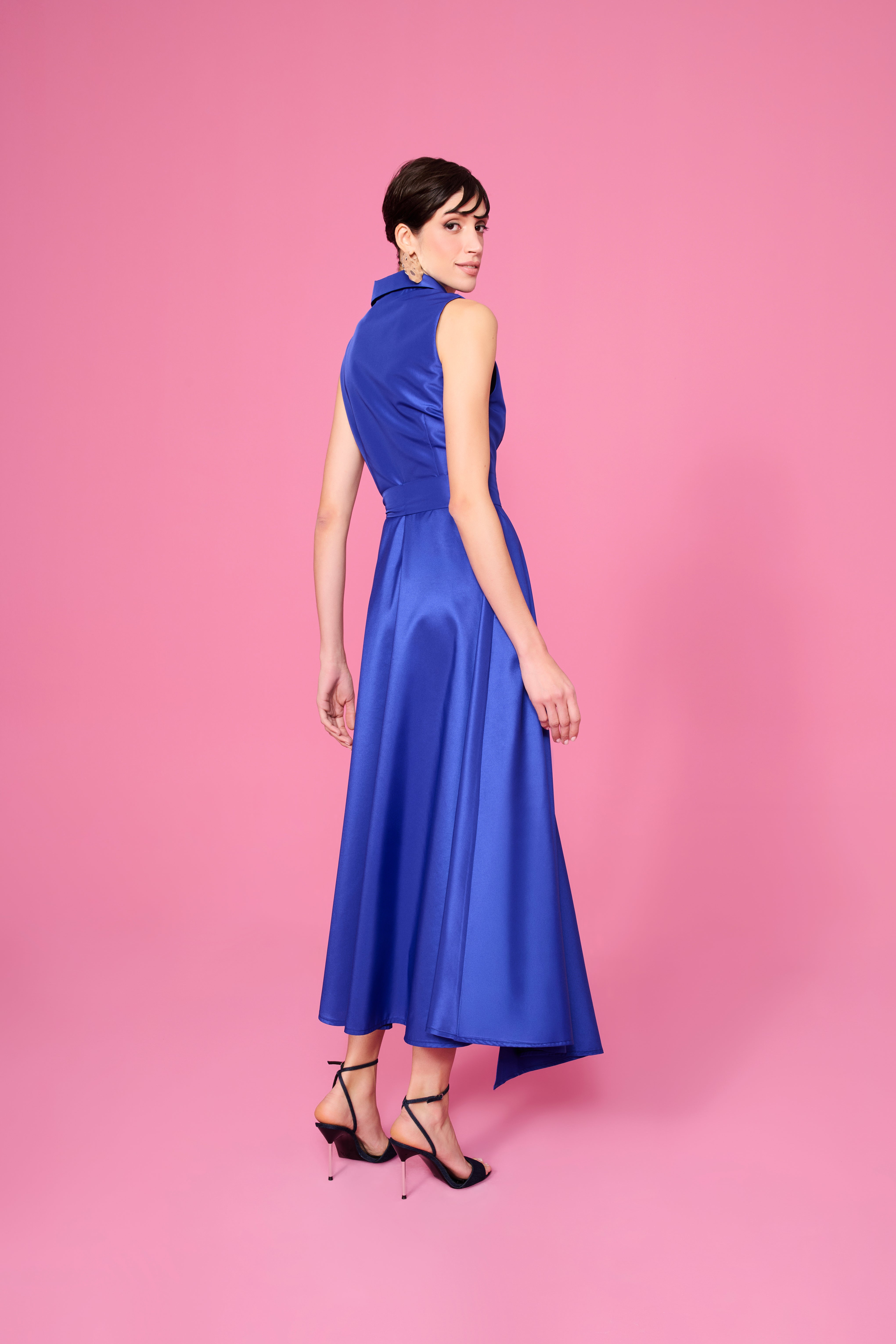 happy to wear Elbiseler CARMEN GÖMLEK YAKA KLOŞ TAFTA ELBİSE | SAKS MAVİ