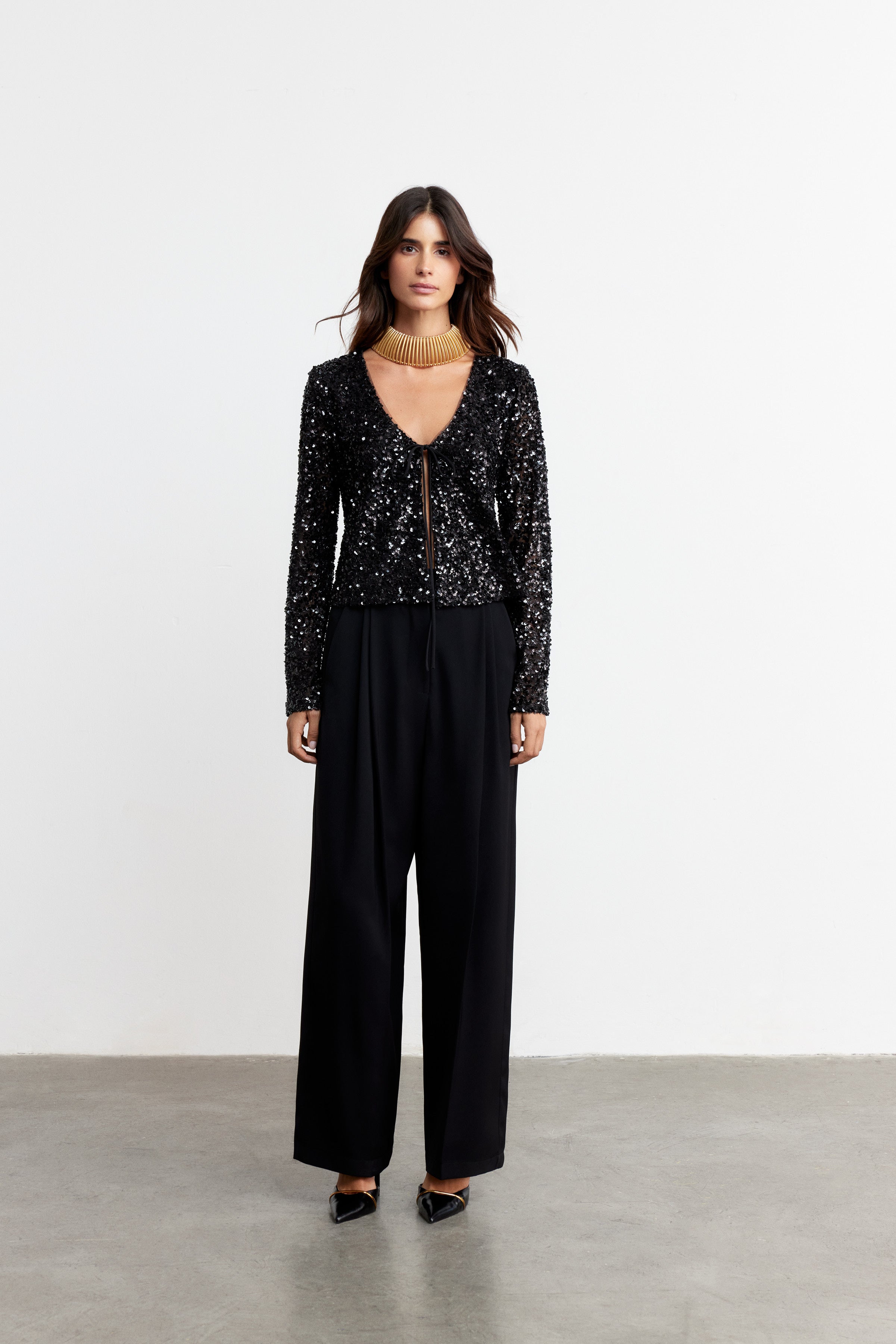 LUNA BAĞLAMALI PAYET BLUZ | SİYAH