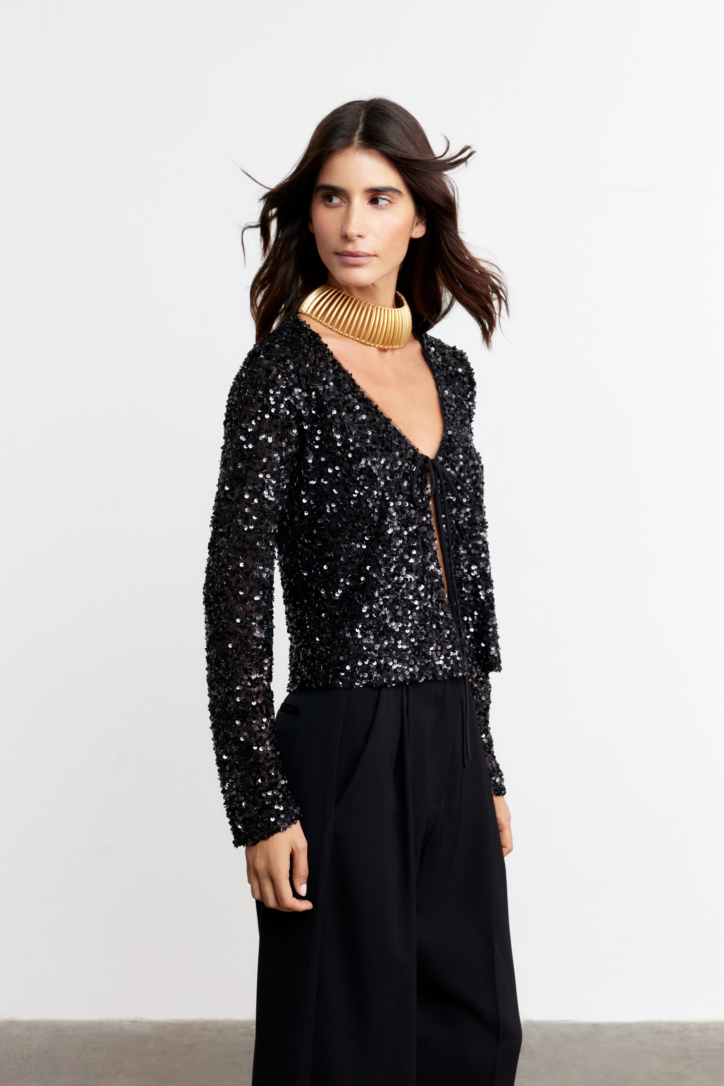 LUNA BAĞLAMALI PAYET BLUZ | SİYAH