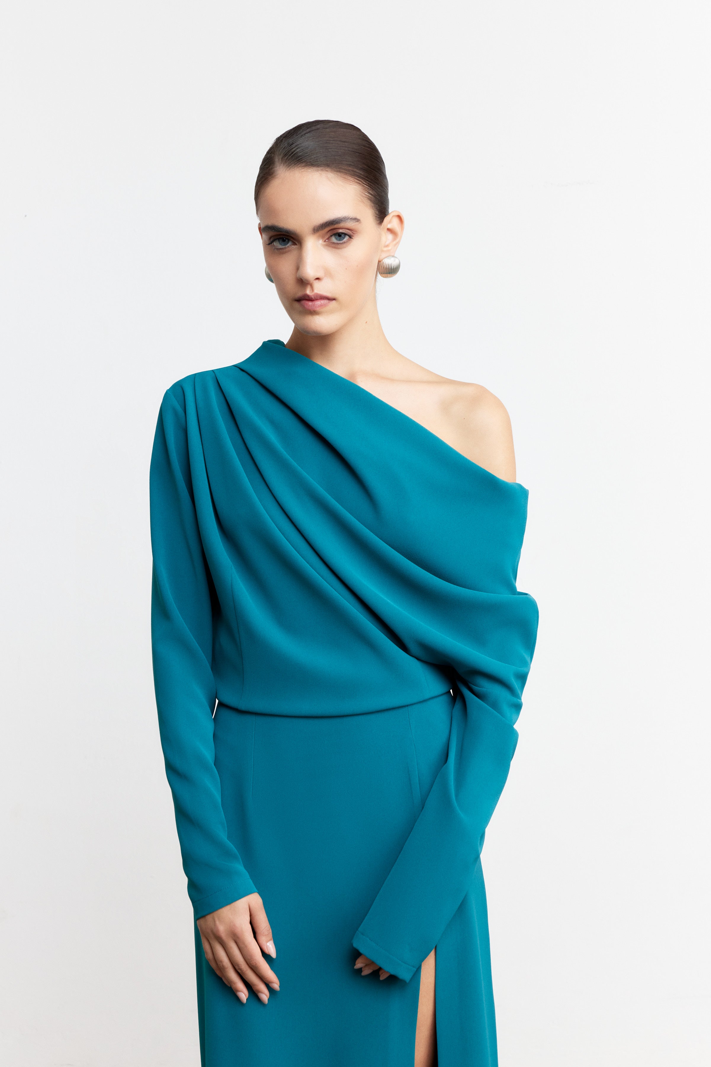 SOPHIA DRAPELİ TASARIM BLUZ | PETROL MAVİ