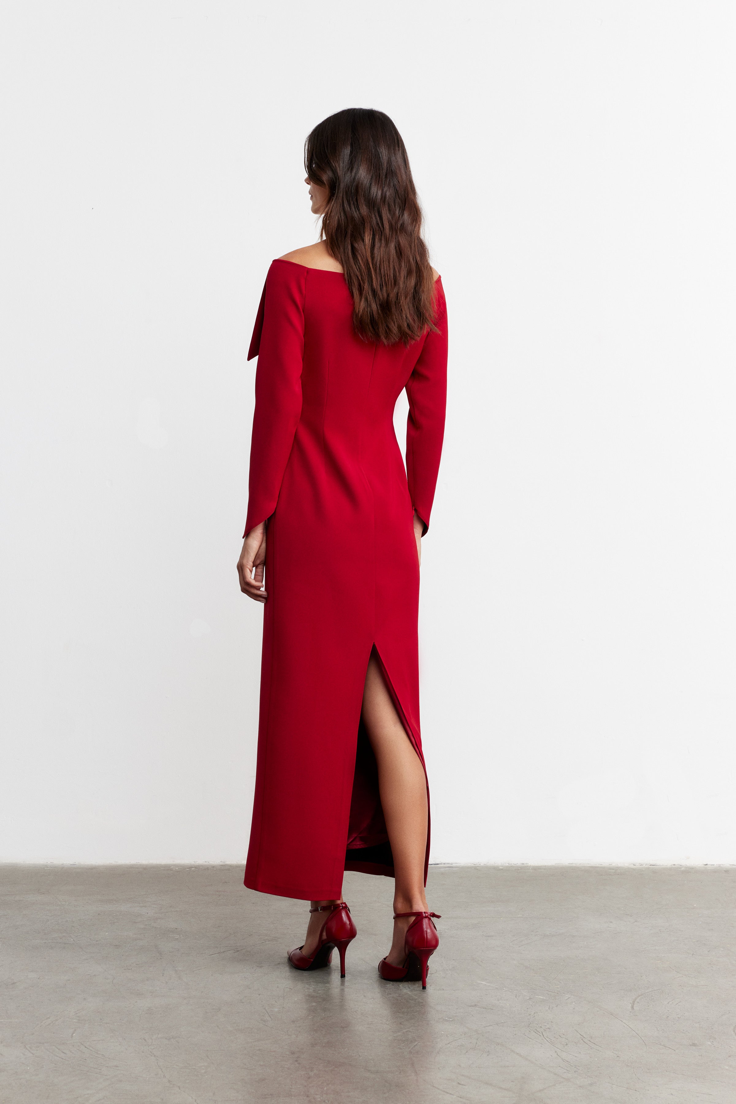 SIMONE KAYIK YAKA TASARIM ELBİSE | KOYU KIRMIZI