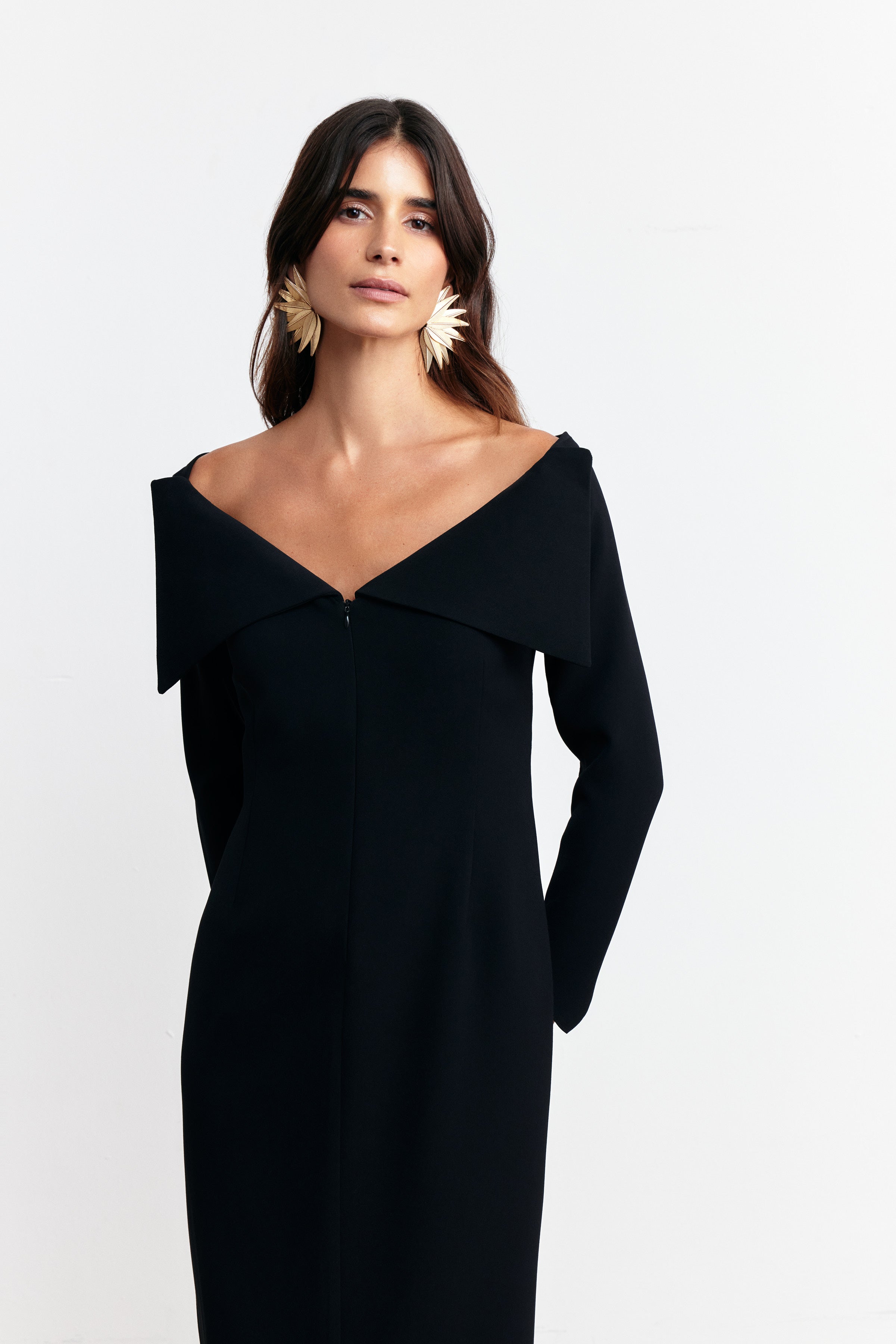 SIMONE KAYIK YAKA TASARIM ELBİSE | SİYAH