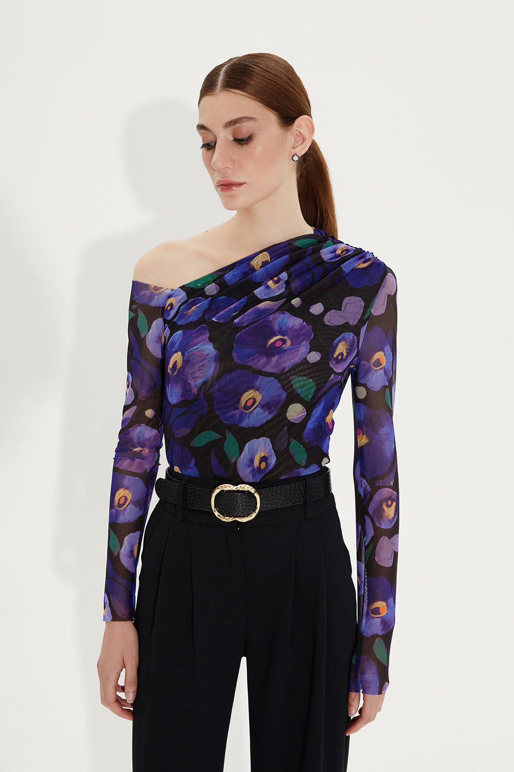 SAMARA ASİMETRİK YAKA BODYSUIT | MAVİ ÇİÇEKLİ