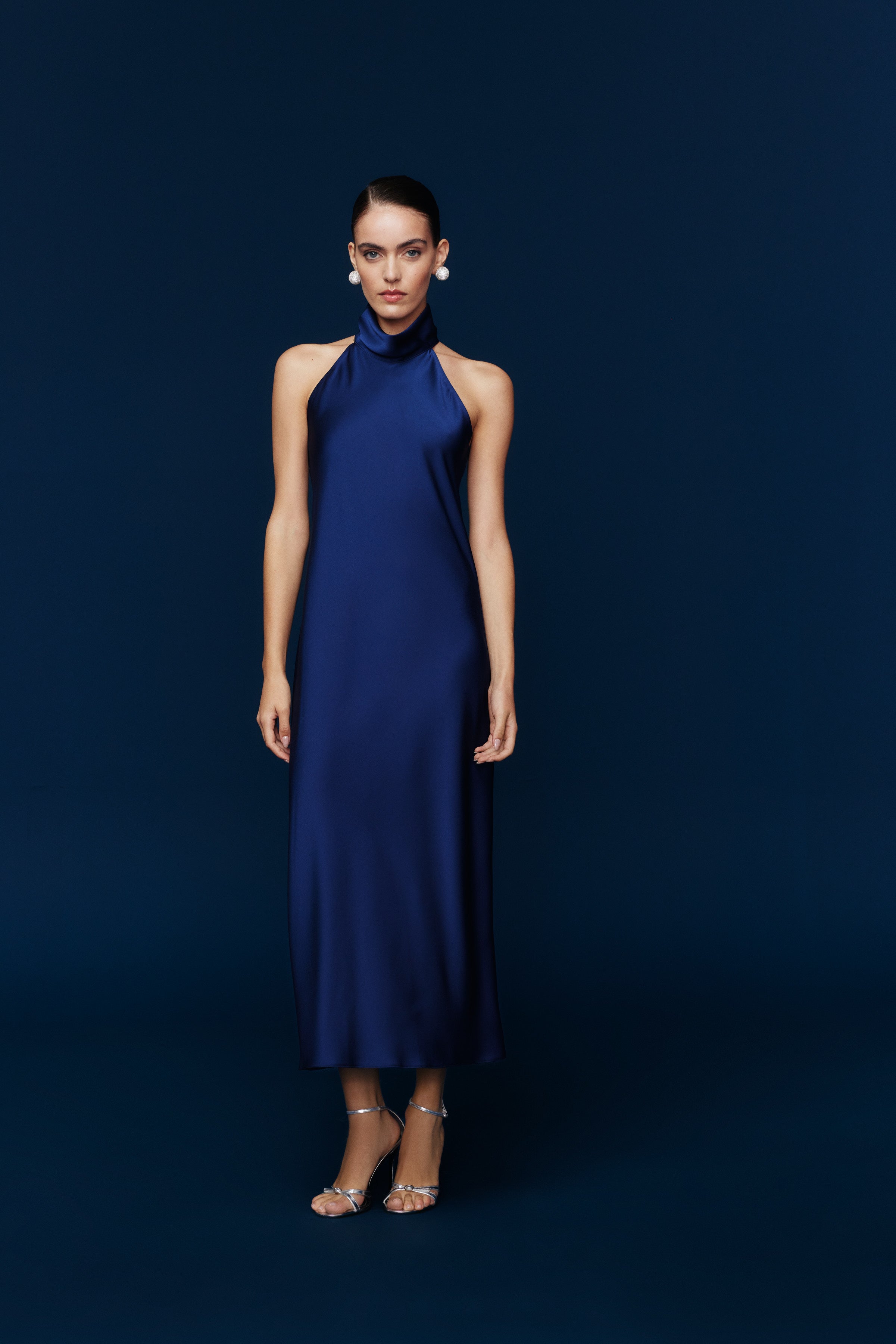 AUDREY STANDING COLLAR SATIN DRESS | PASTEL PINK