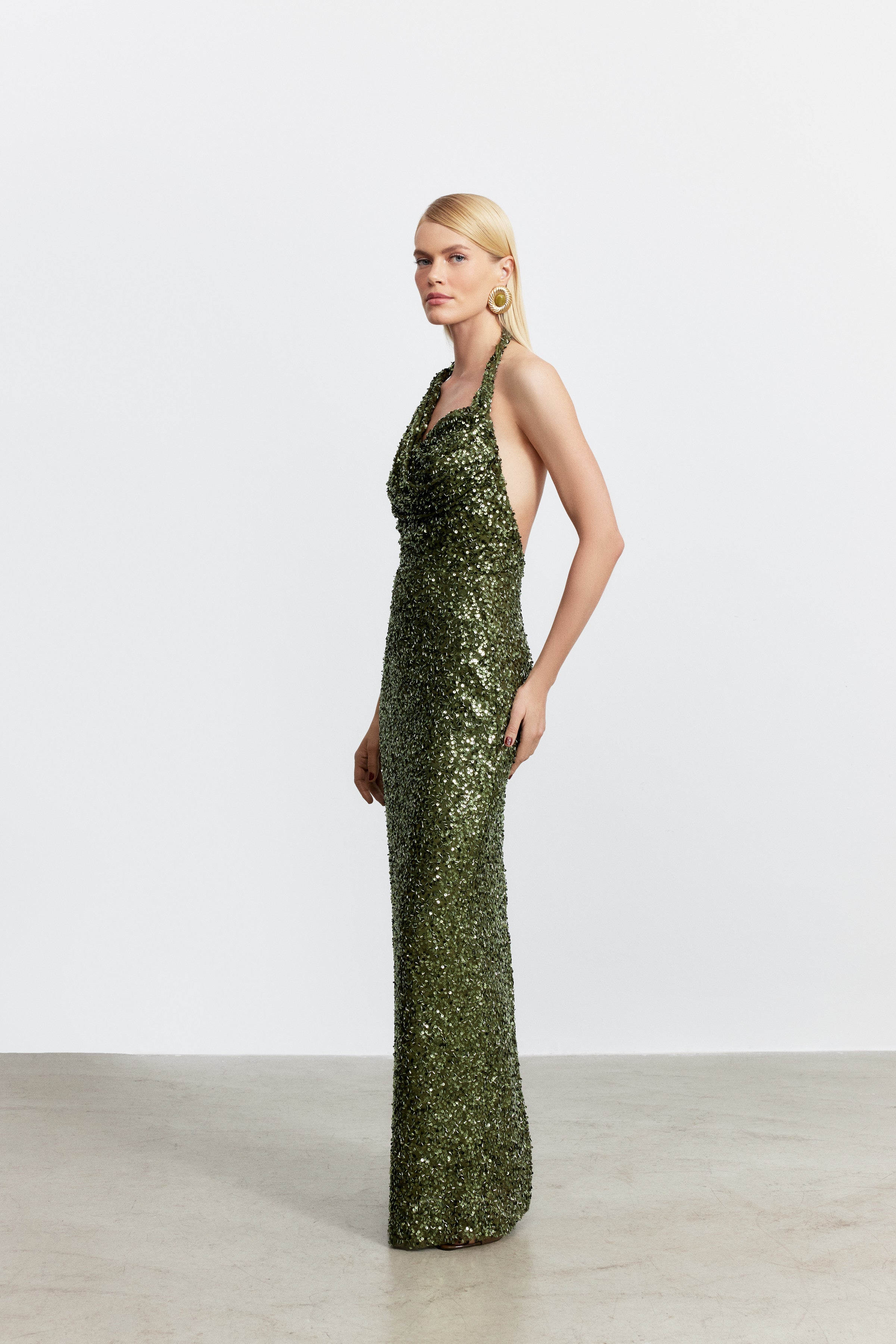 JANET ASİMETRİK ASKILI PAYET ELBİSE | HAKİ