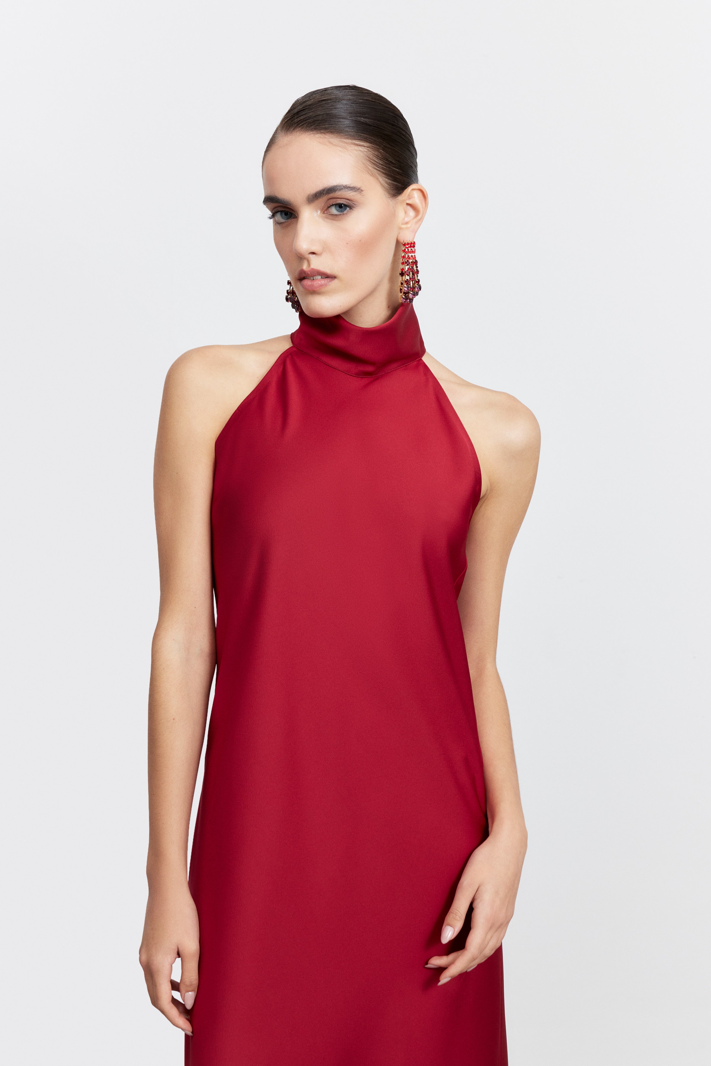 AUDREY STANDING COLLAR SATIN DRESS | PASTEL PINK