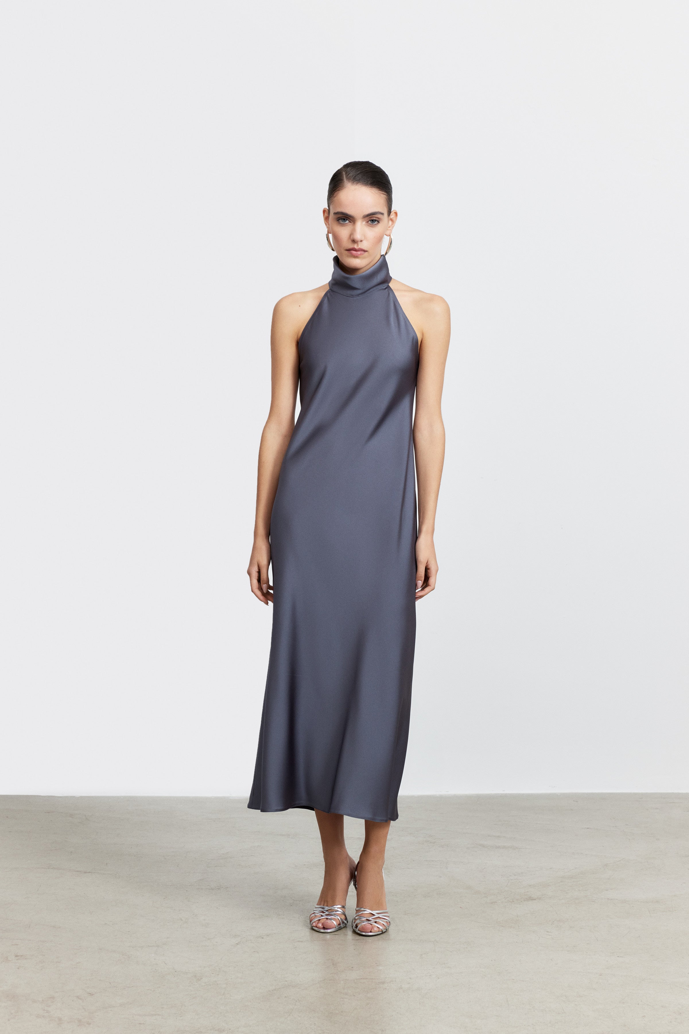 AUDREY STANDING COLLAR SATIN DRESS | PASTEL PINK