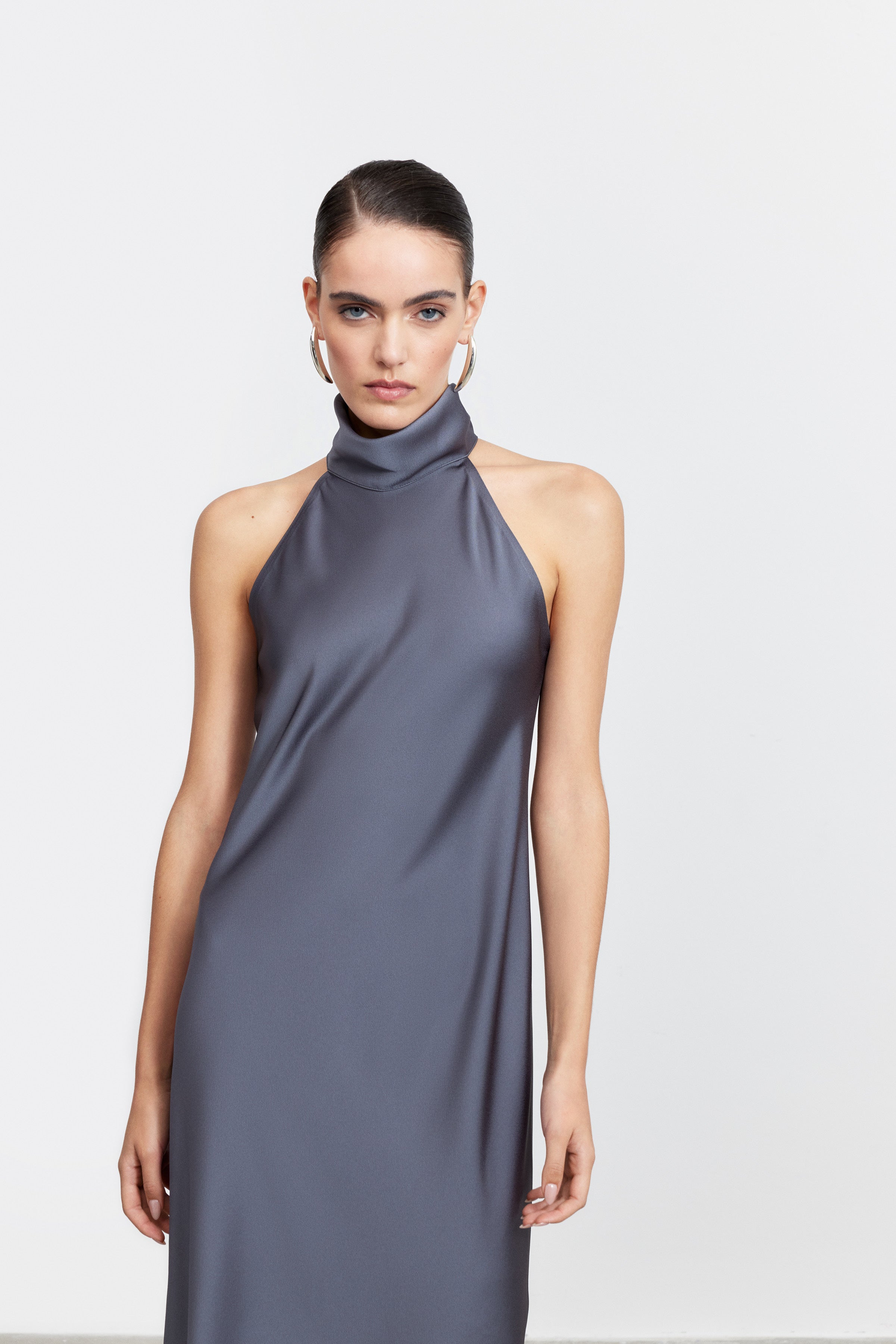 AUDREY STANDING COLLAR SATIN DRESS | PASTEL PINK