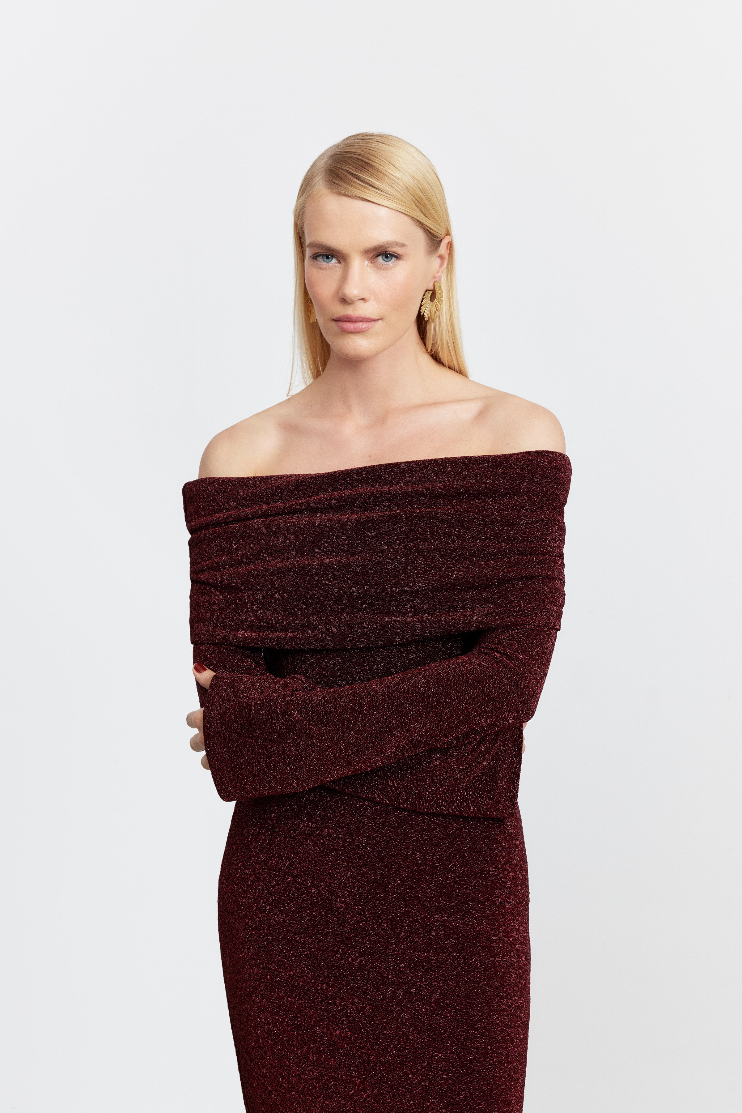 BELLA DRAPE YAKA LUREX ELBİSE | VİŞNE