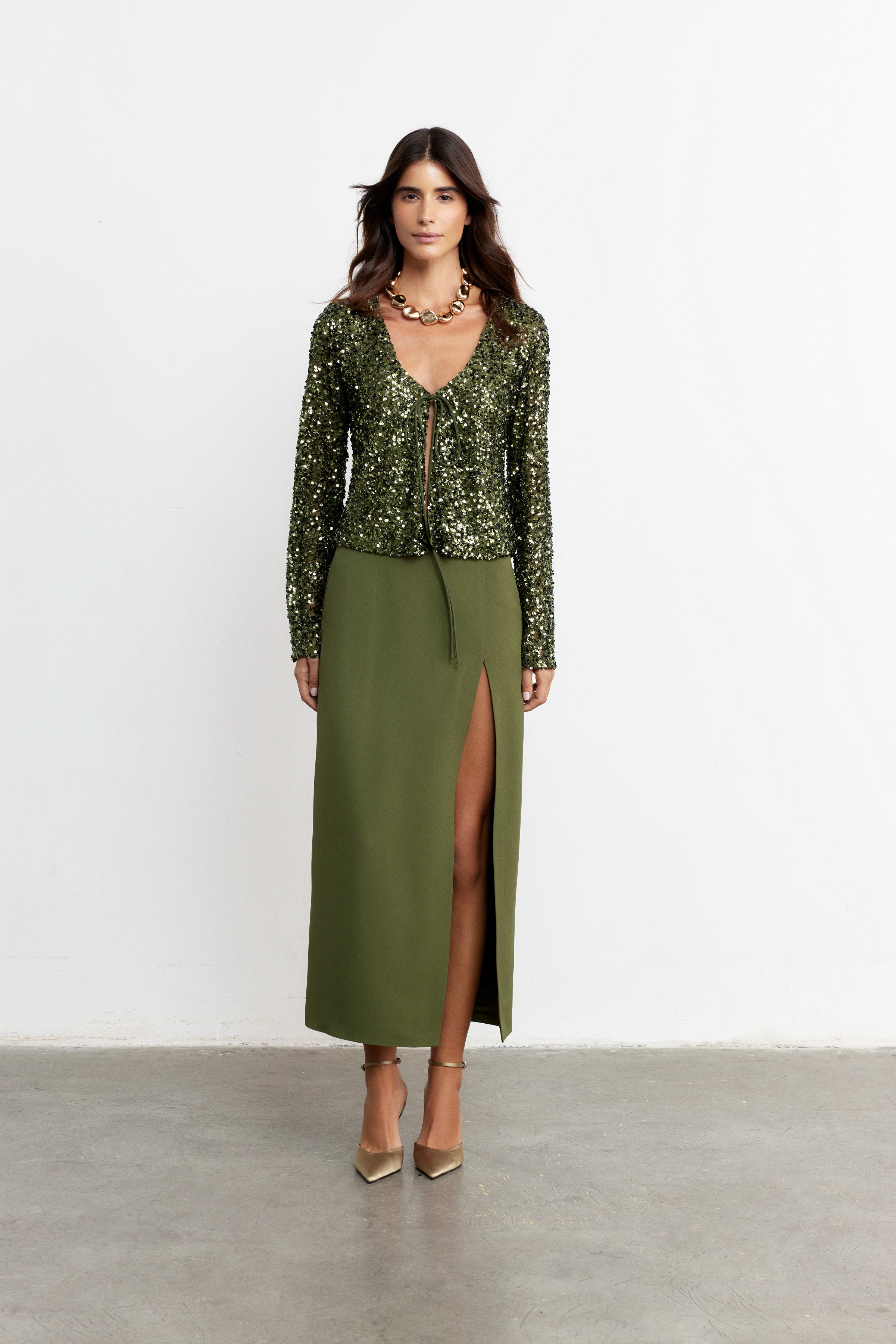 LUNA BAĞLAMALI PAYET BLUZ | HAKİ