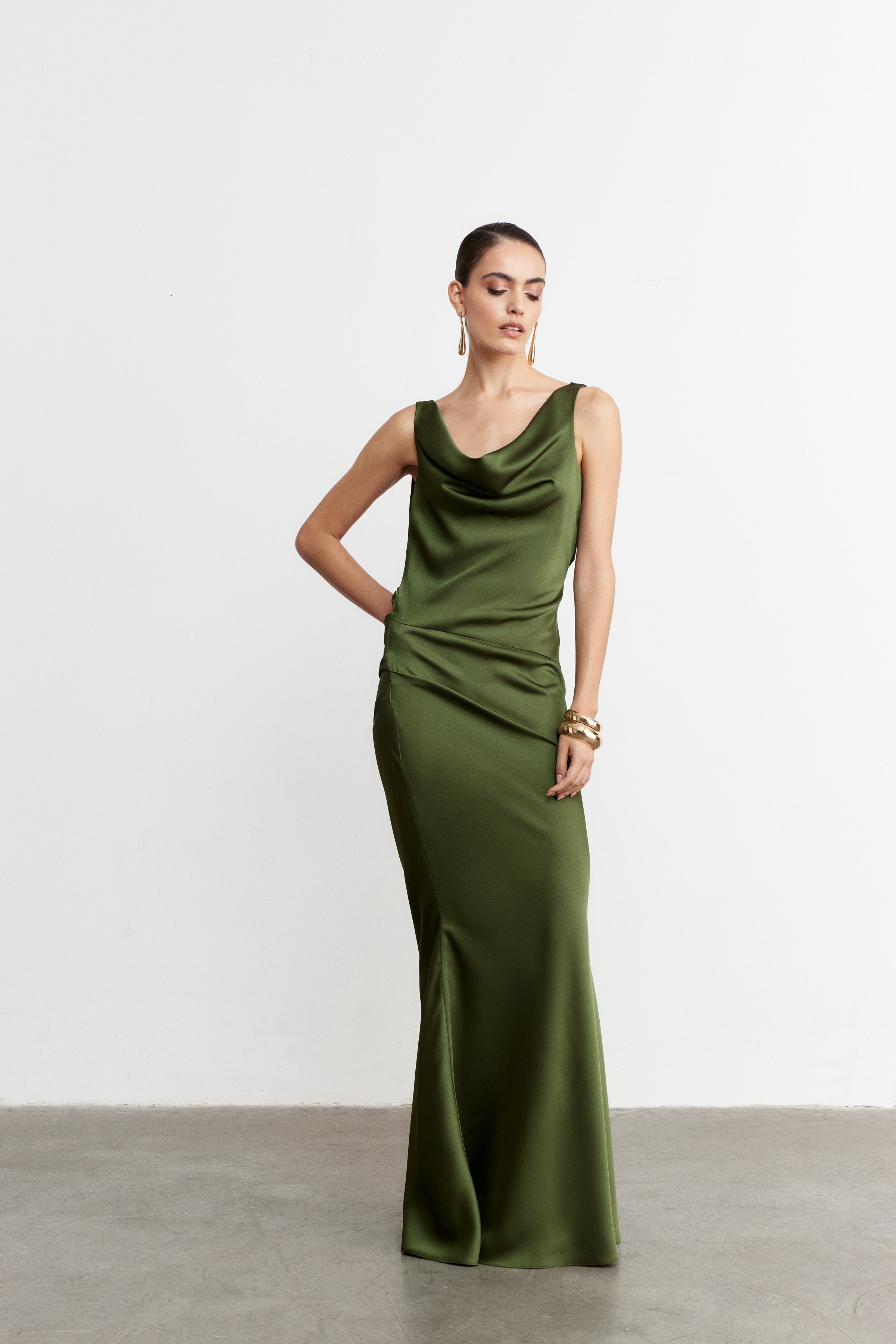 VIVIENNE DRAPELİ SATEN ELBİSE | HAKİ