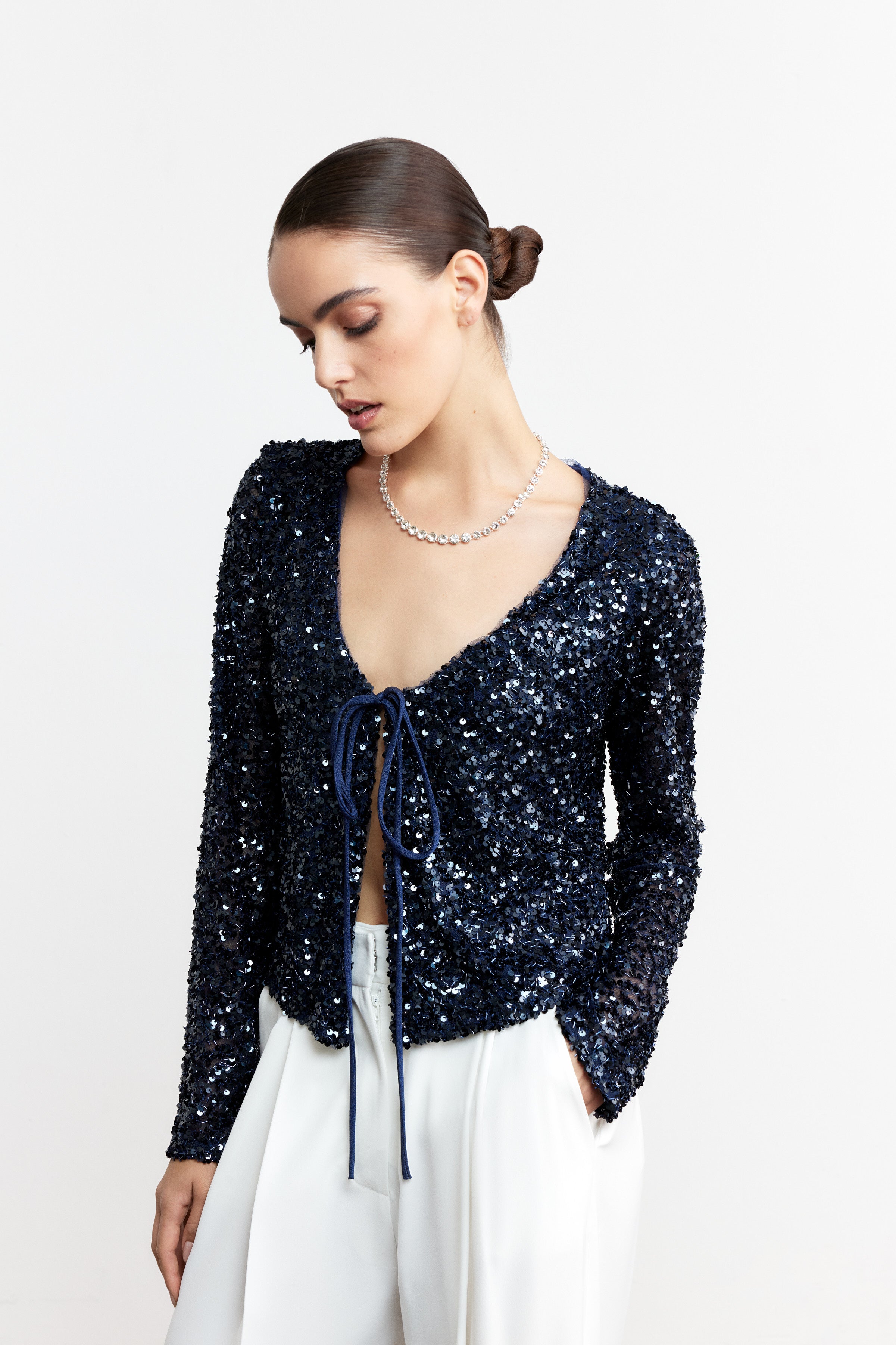 LUNA BAĞLAMALI PAYET BLUZ | LACİVERT