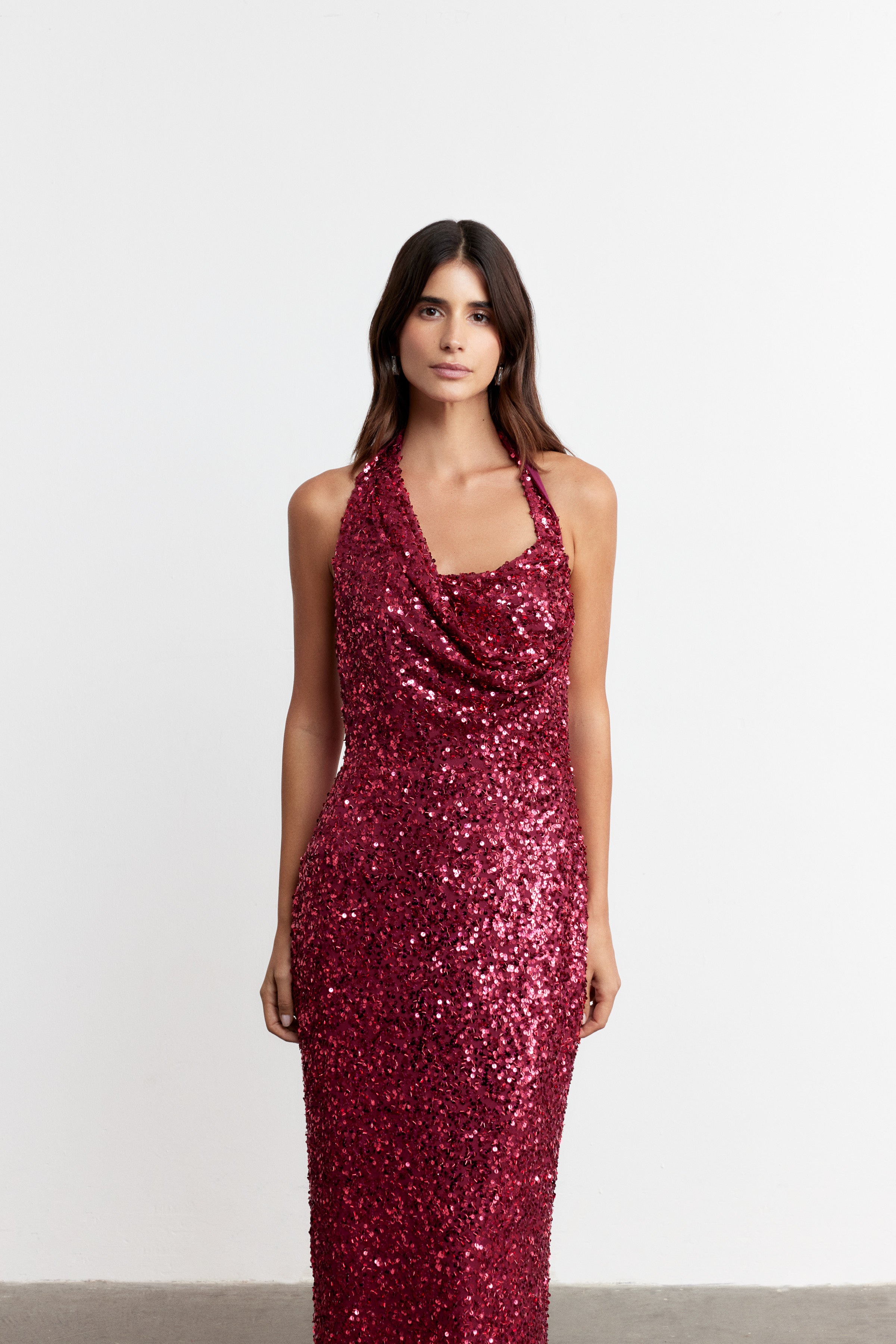 JANET ASİMETRİK ASKILI PAYET ELBİSE | KOYU PEMBE