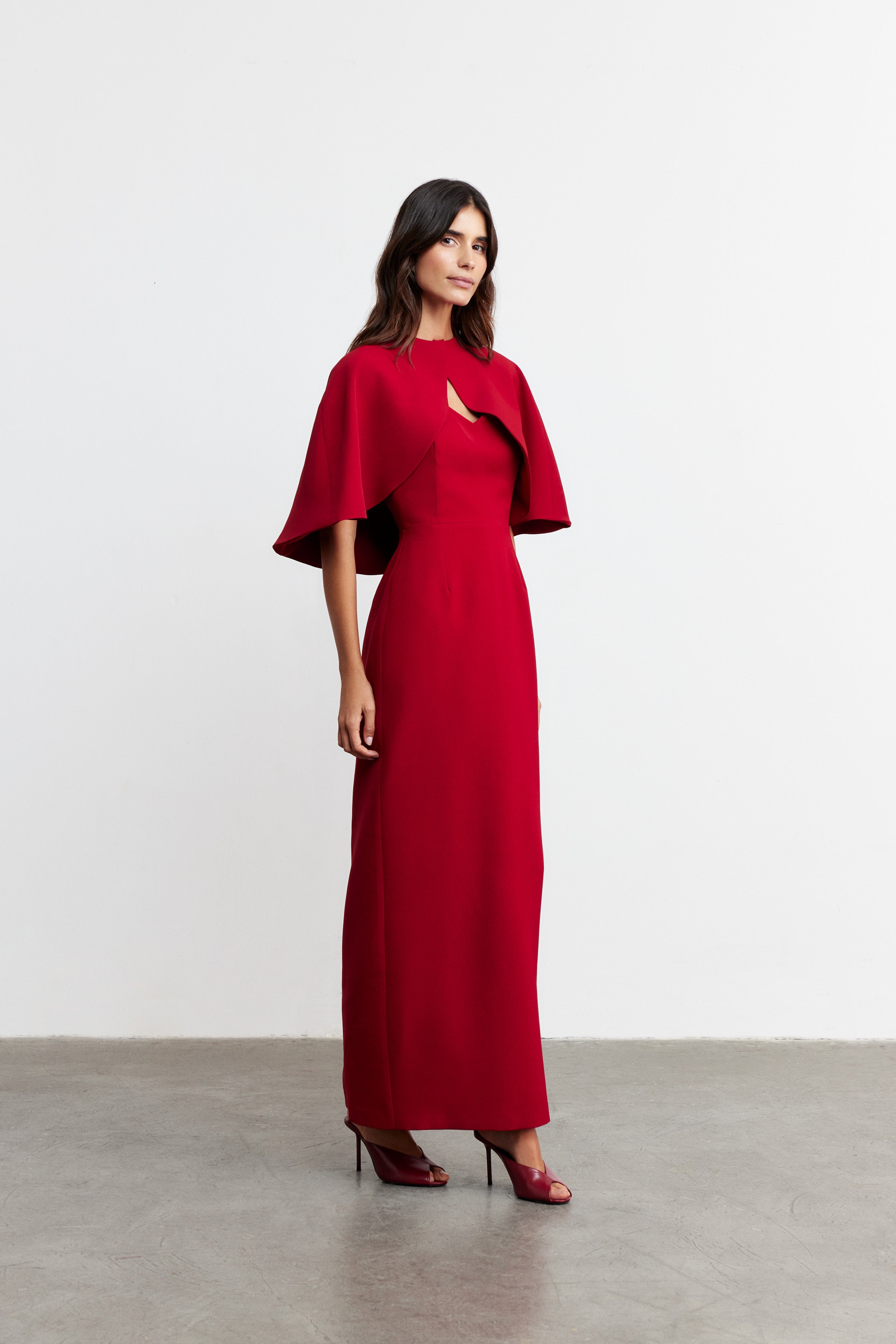 DUO KALP YAKA ELBİSE & PELERİN | KOYU KIRMIZI