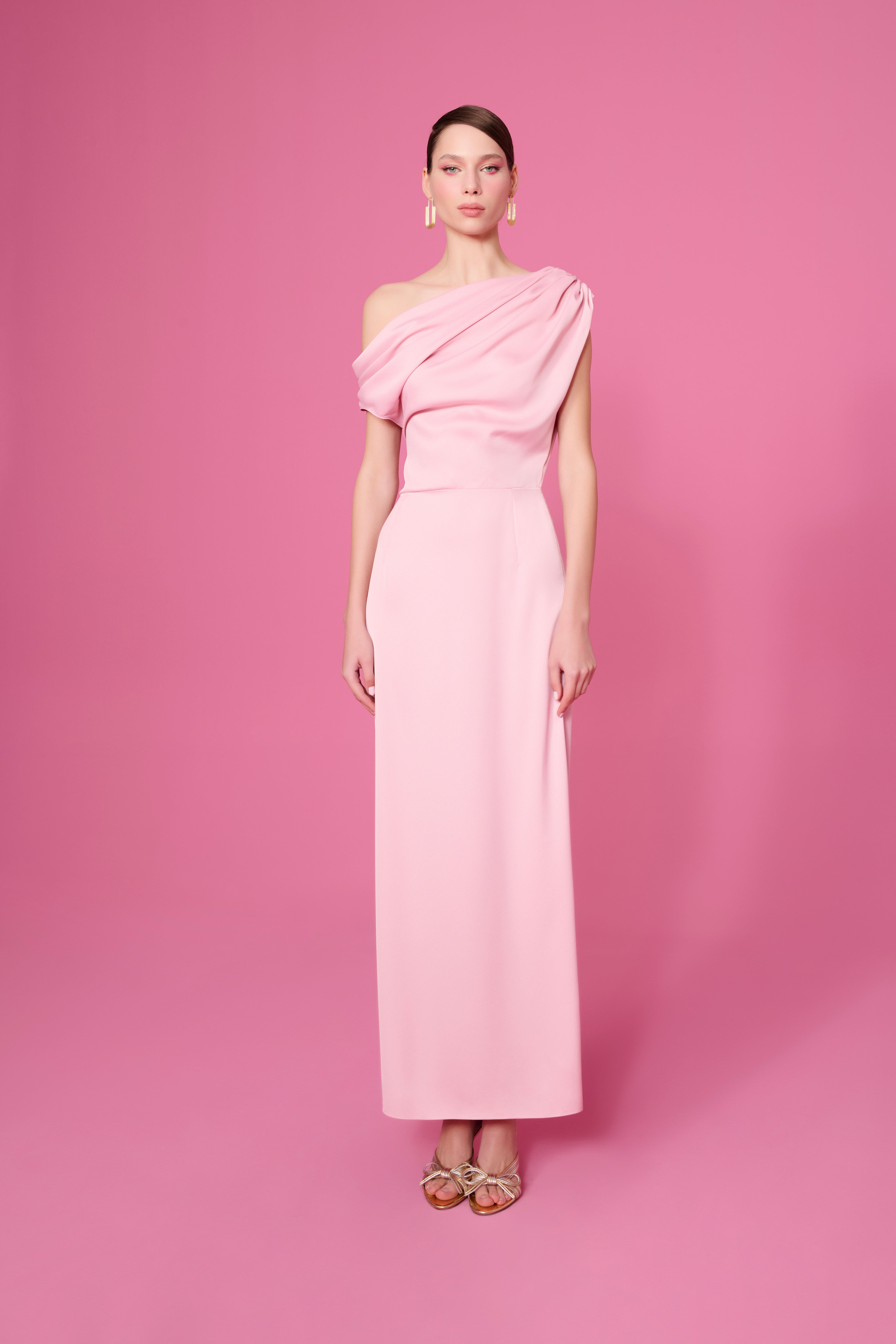 ALEXANDRA DRAPELİ MİDİ SATEN ELBİSE | PASTEL PEMBE