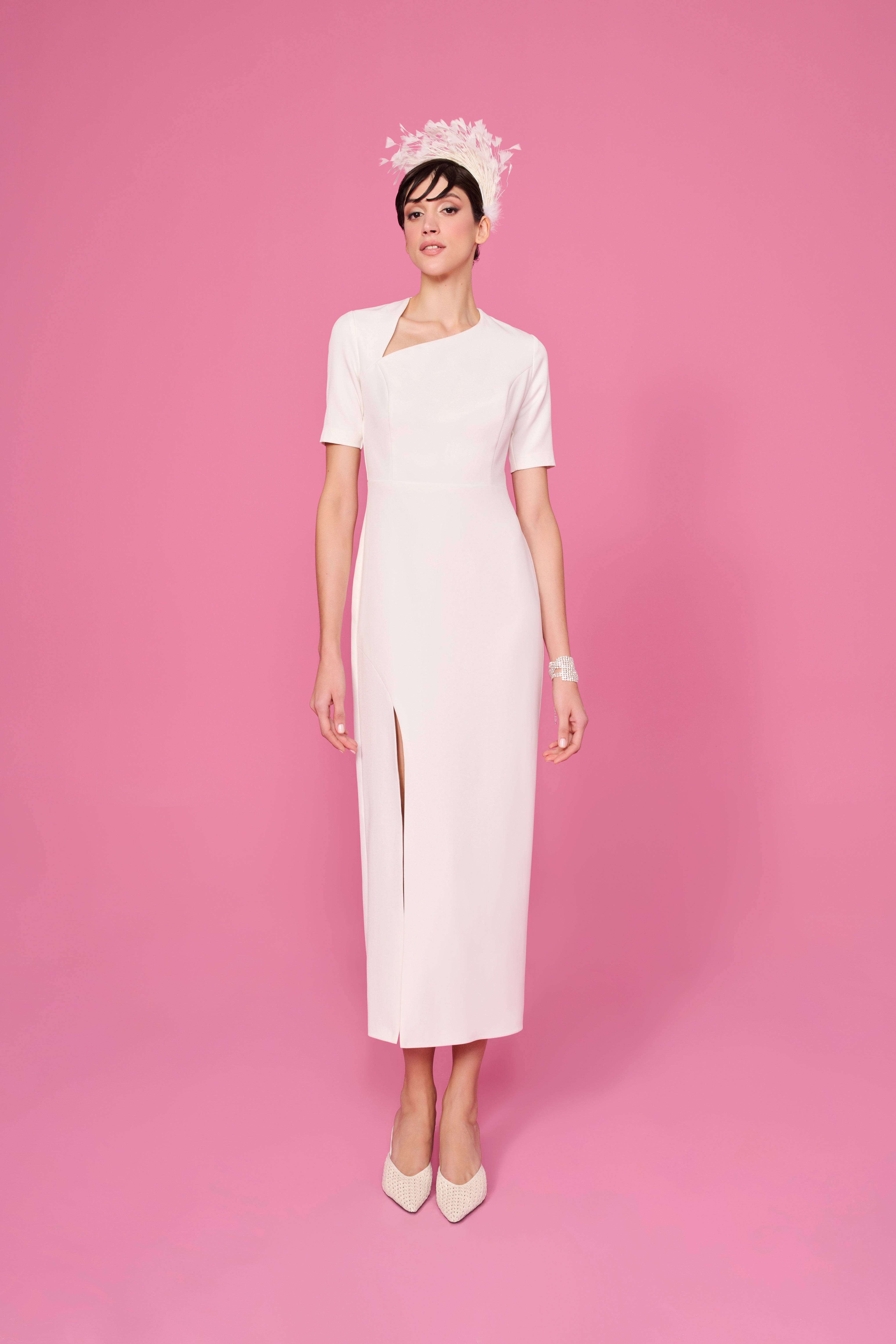 happy to wear Elbiseler AMANDA ASİMETRİK YAKA MİDİ ELBİSE | KIRIK BEYAZ