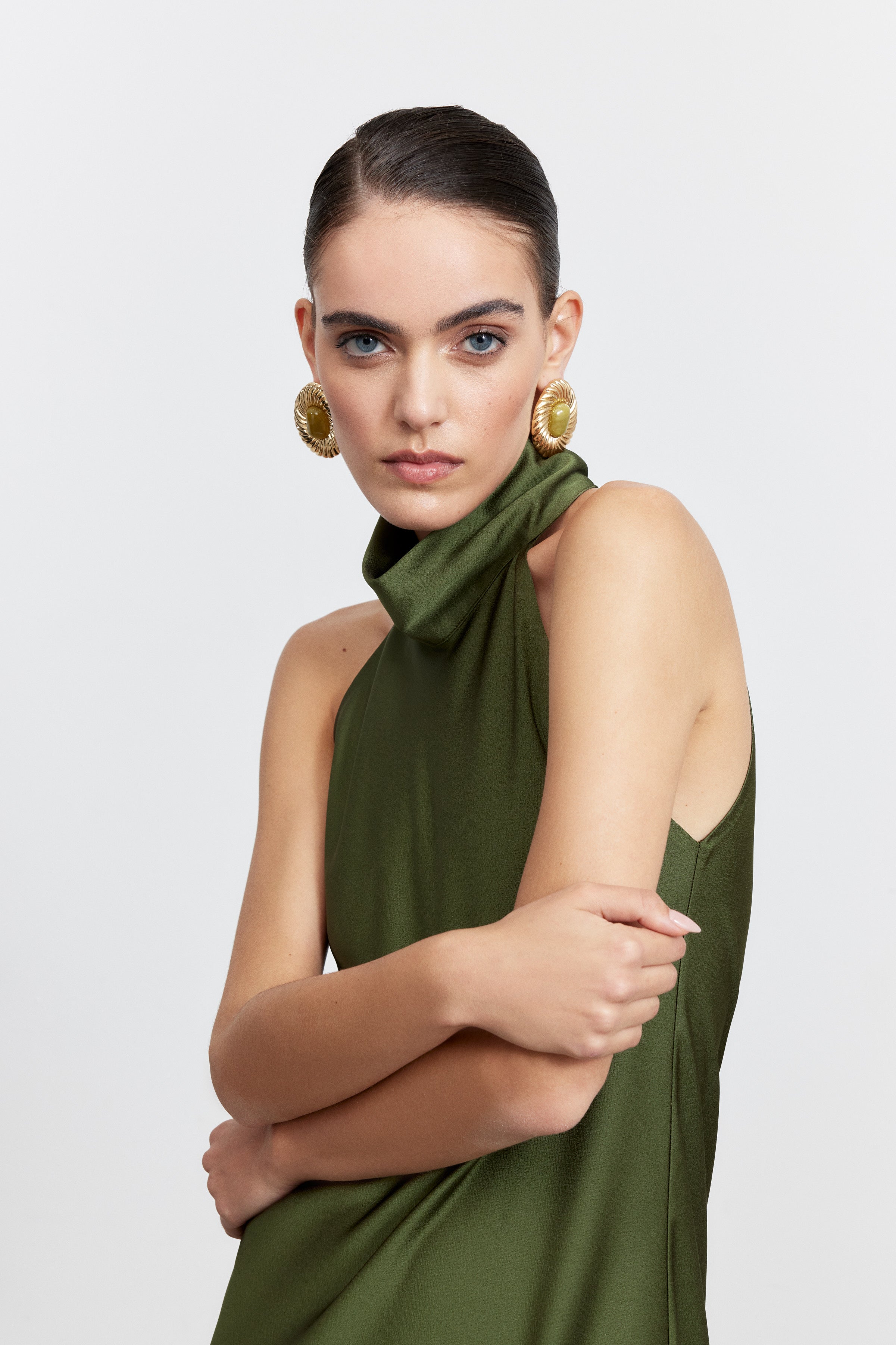 AUDREY DİK YAKA SATEN ELBİSE | HAKİ