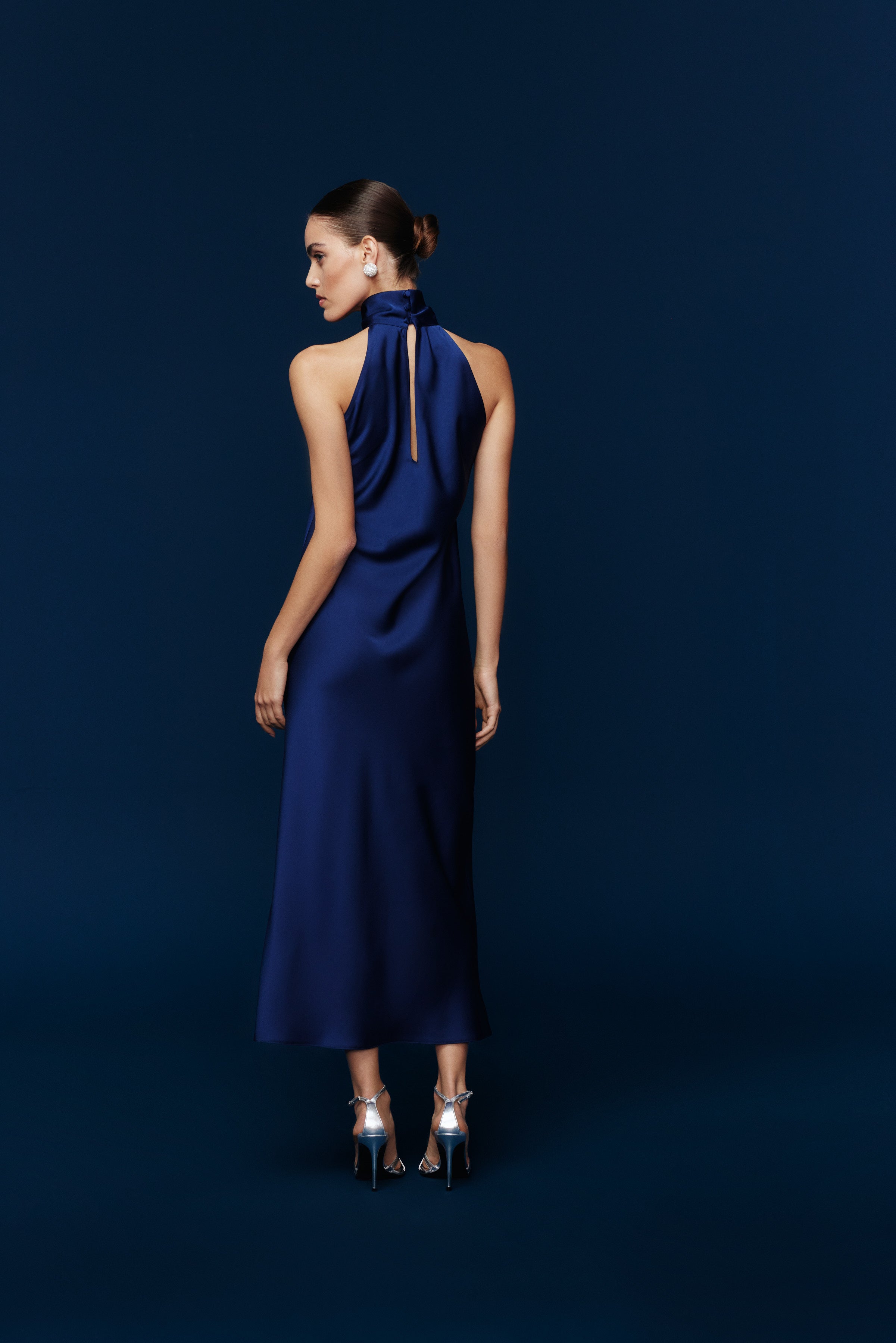 AUDREY DİK YAKA SATEN ELBİSE | LACİVERT