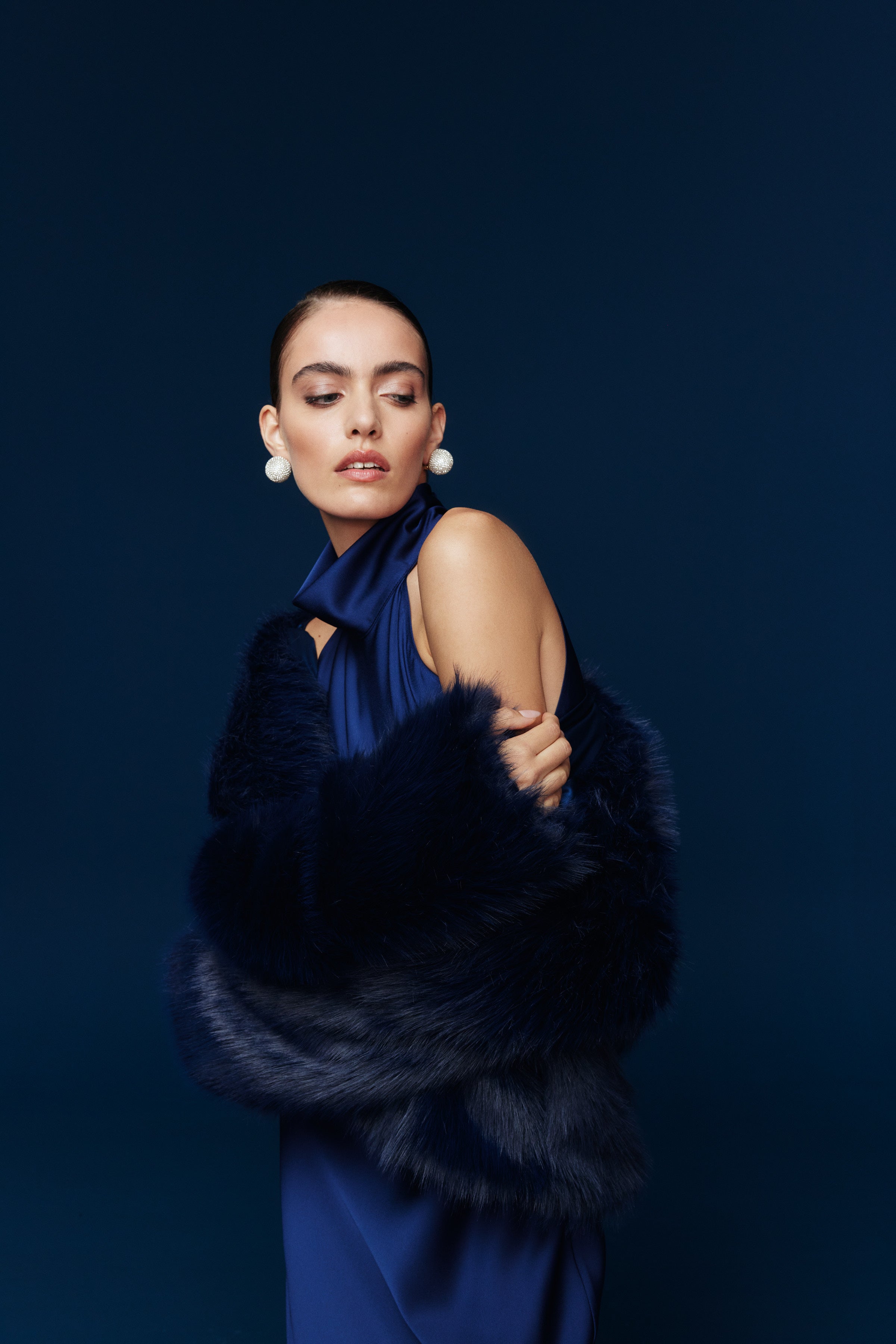 AUDREY DİK YAKA SATEN ELBİSE | LACİVERT