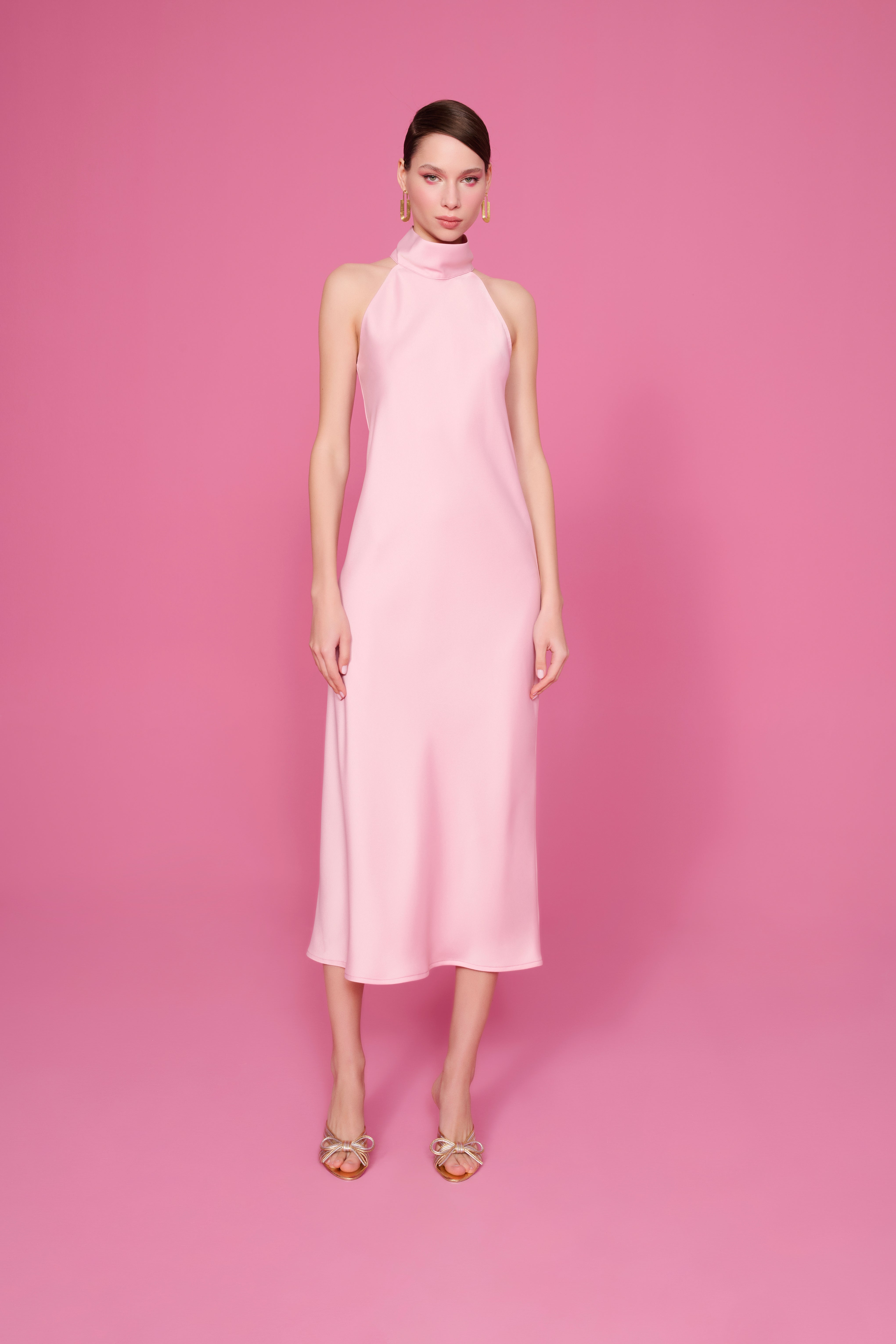 AUDREY DİK YAKA SATEN ELBİSE | PASTEL PEMBE