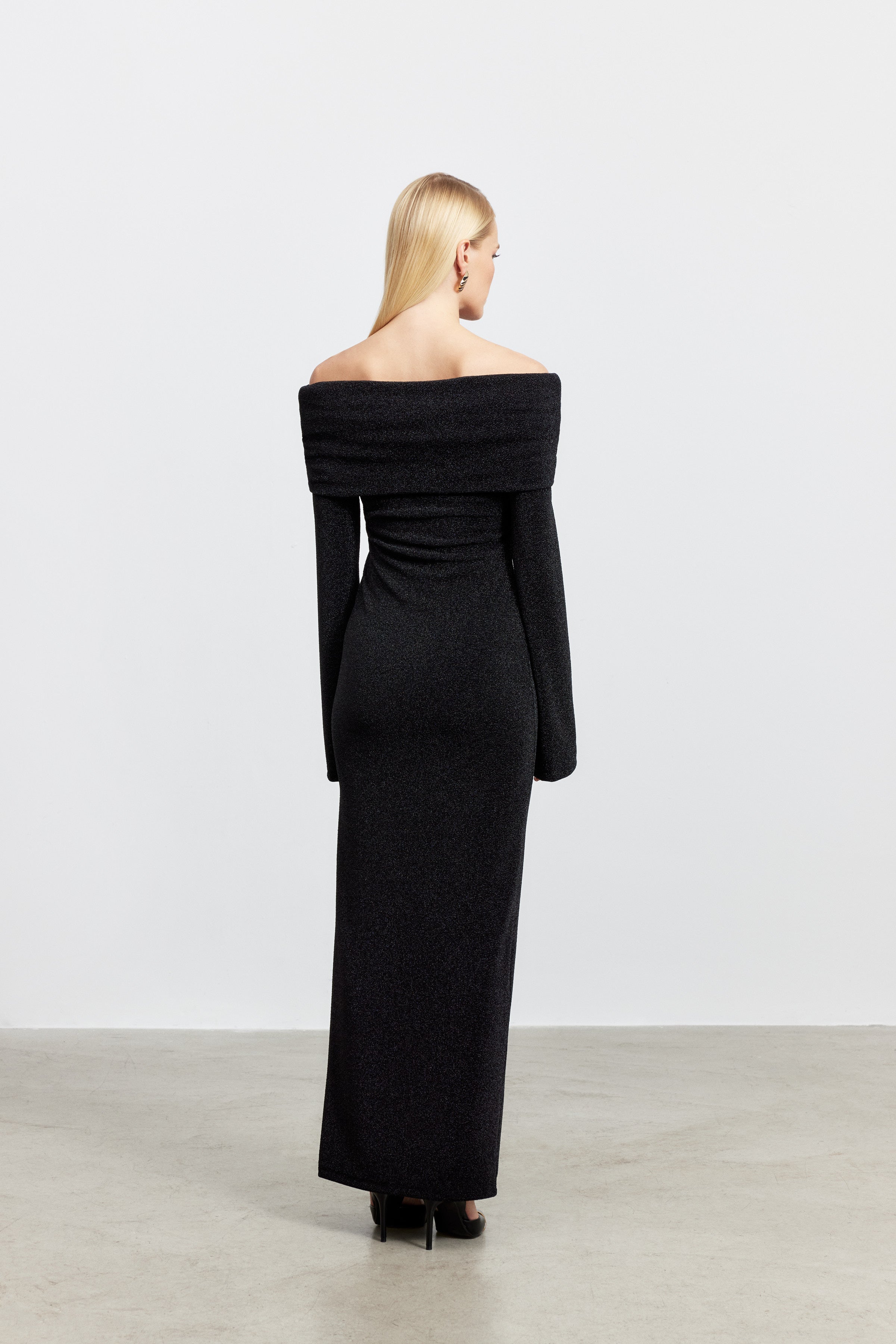 BELLA DRAPE YAKA LUREX ELBİSE | SİYAH