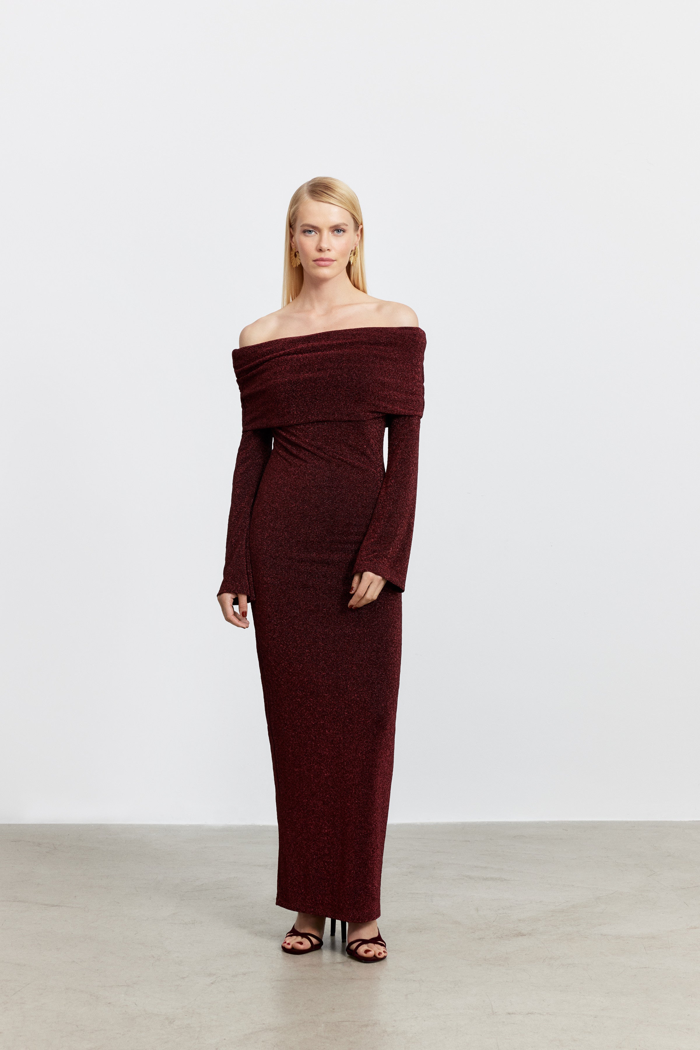 BELLA DRAPE YAKA LUREX ELBİSE | VİŞNE